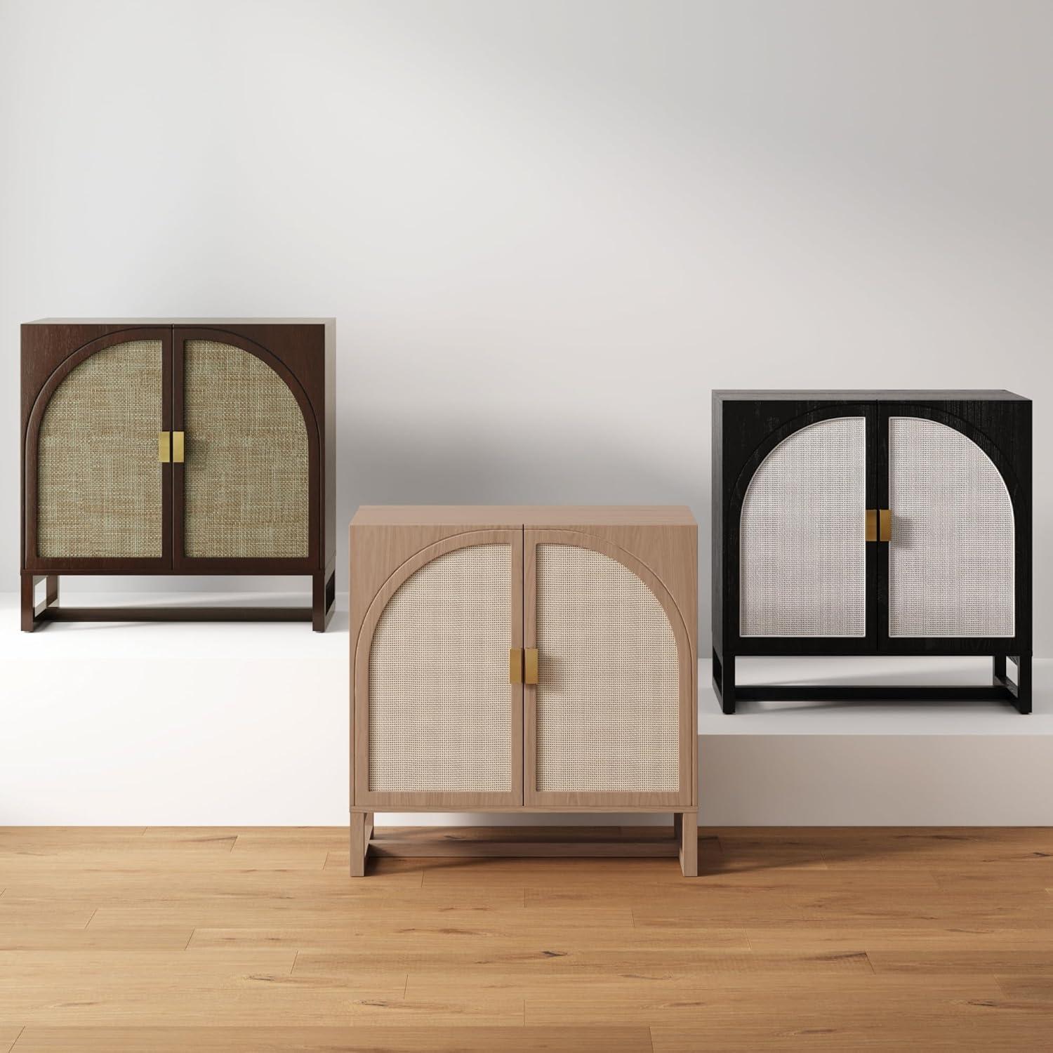 Nathan James Paxton Mid-Century Modern Wood Storage Cabinet with Doors, Arched Storage Cabinet for Living Room or Kitchen with Rattan Door Details, Raw Oak Set of 2