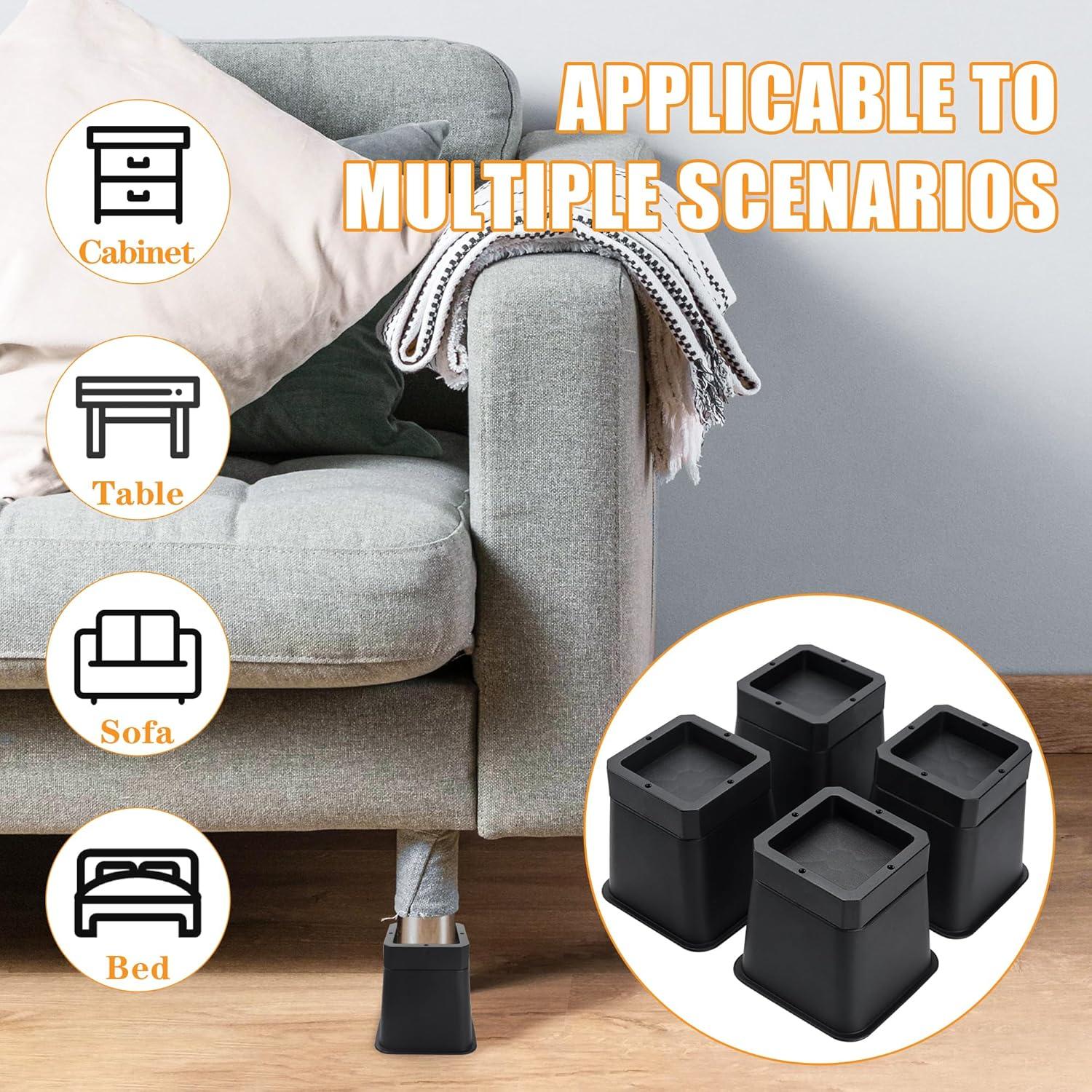 Black Stackable Plastic Bed Risers, 3 or 6 Inch, 4 Pack