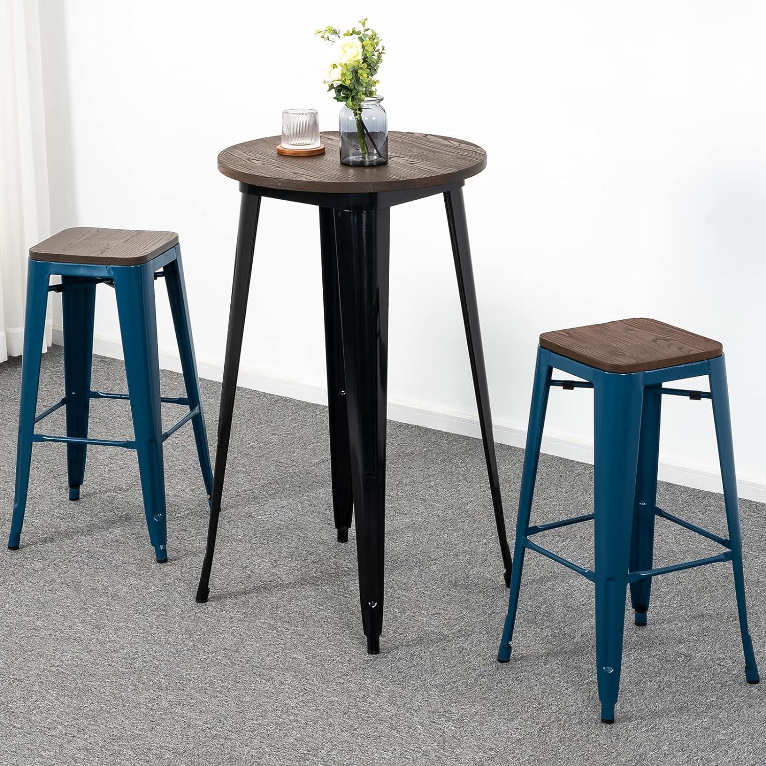 Deep Blue 30" Metal Bar Stools with Elm Wood Seat, Set of 2