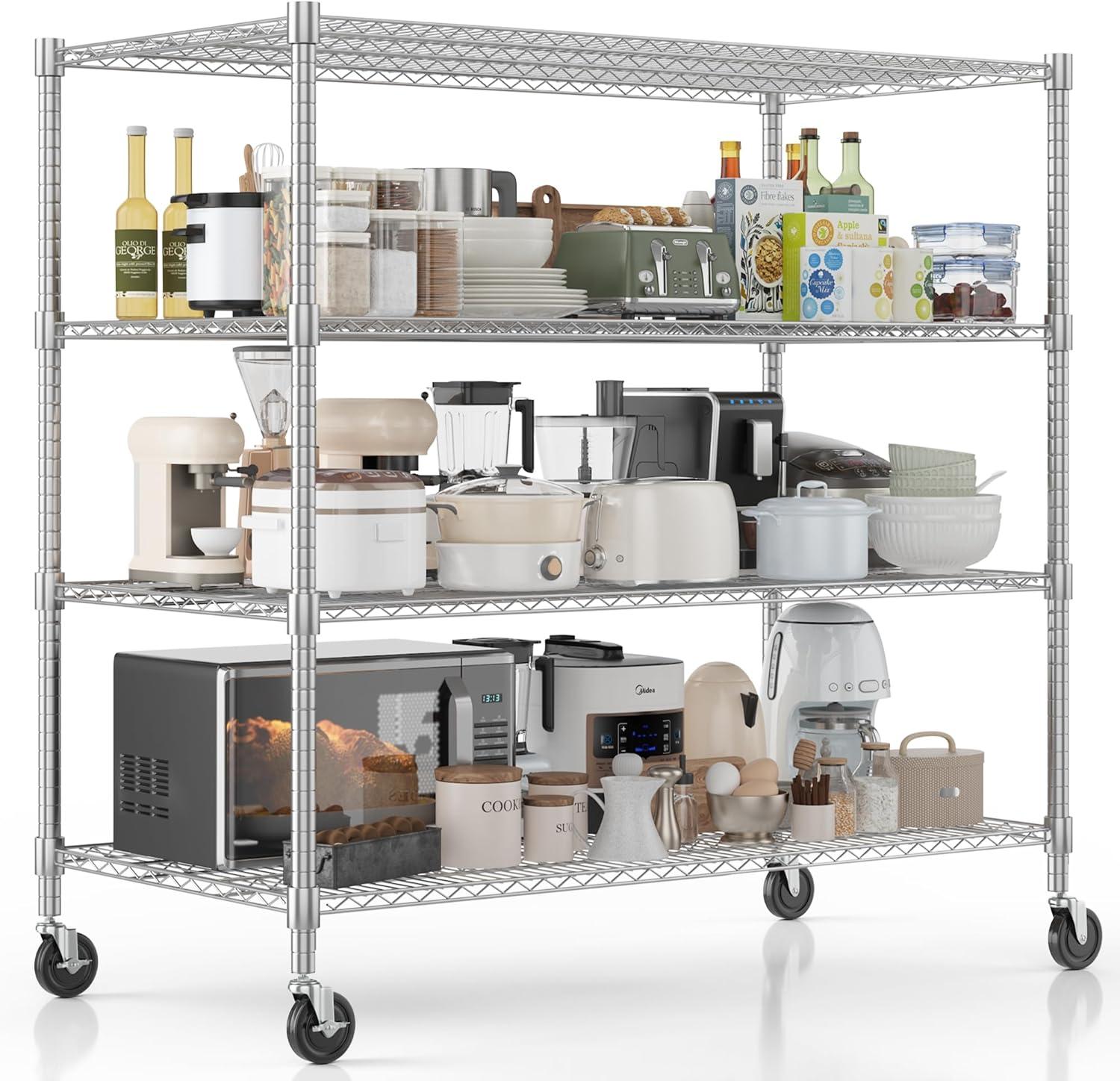 Homdox Heavy Duty Metal Shelves for Storage, 4 Tier Storage Racks and Shelving, Commercial Adjustable Wire Shelving Unit on Wheels, Garage Rack Pantry Shelves Kitchen Shelving, 24"x48"x72", Chrome