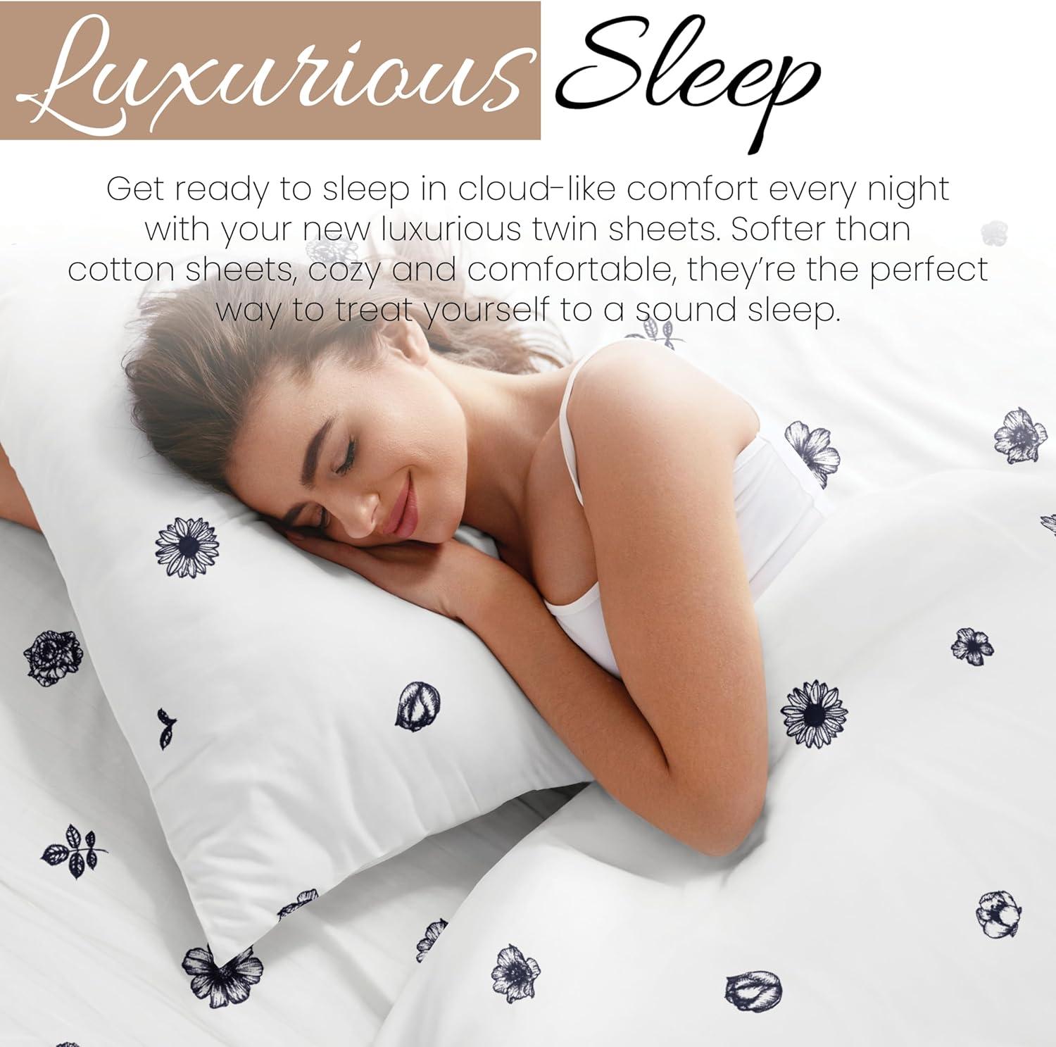 Linen Market Double-Brushed Patterned Microfiber Twin Sheet Set 3 Piece – Oeko-TEX Certified Ultra Soft & Wrinkle-Free - 16" Deep Pocket Sheets - Easy Care Twin Size - Indigo Flowers Navy