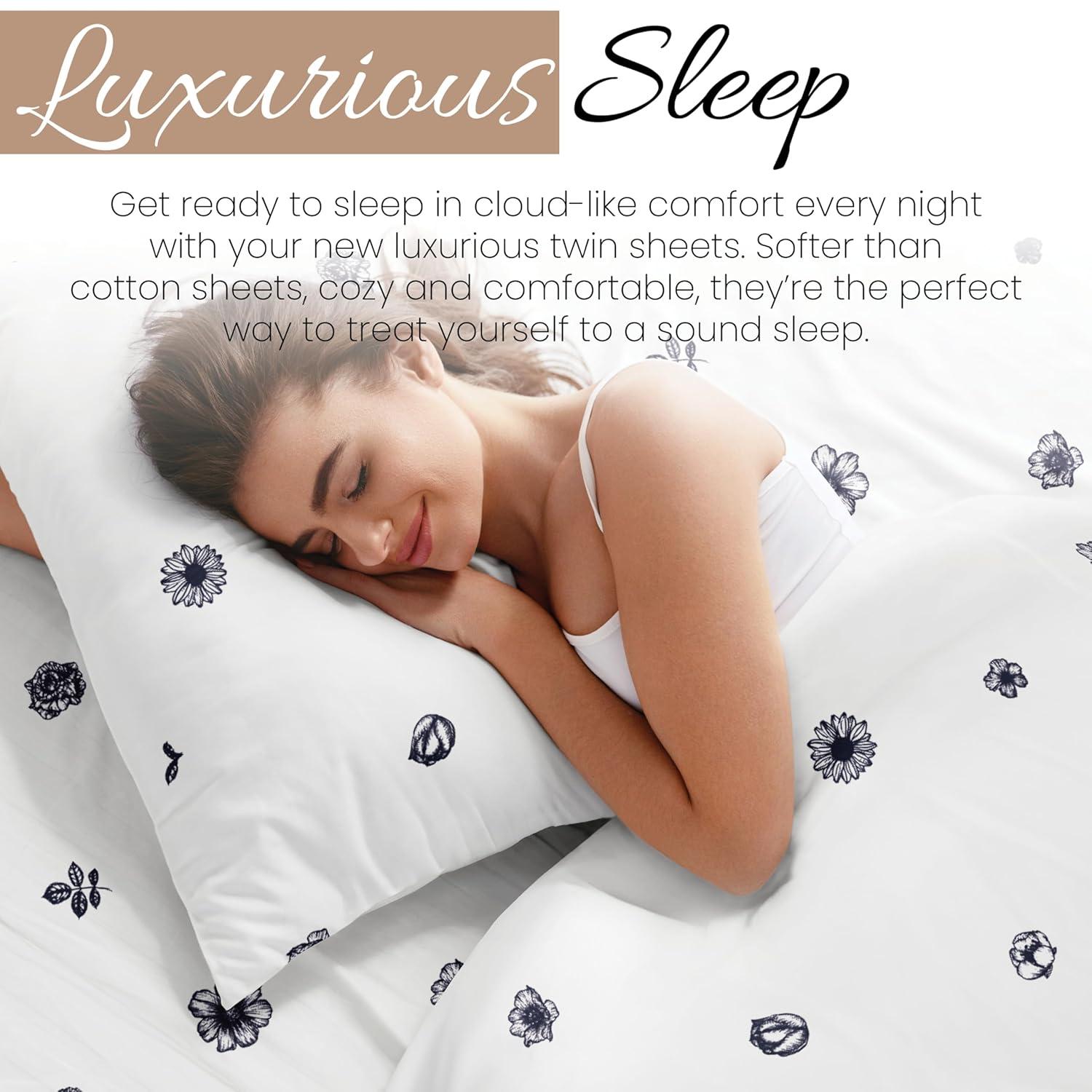 Linen Market Double-Brushed Patterned Microfiber Twin Sheet Set 3 Piece – Oeko-TEX Certified Ultra Soft & Wrinkle-Free - 16" Deep Pocket Sheets - Easy Care Twin Size - Indigo Flowers Navy