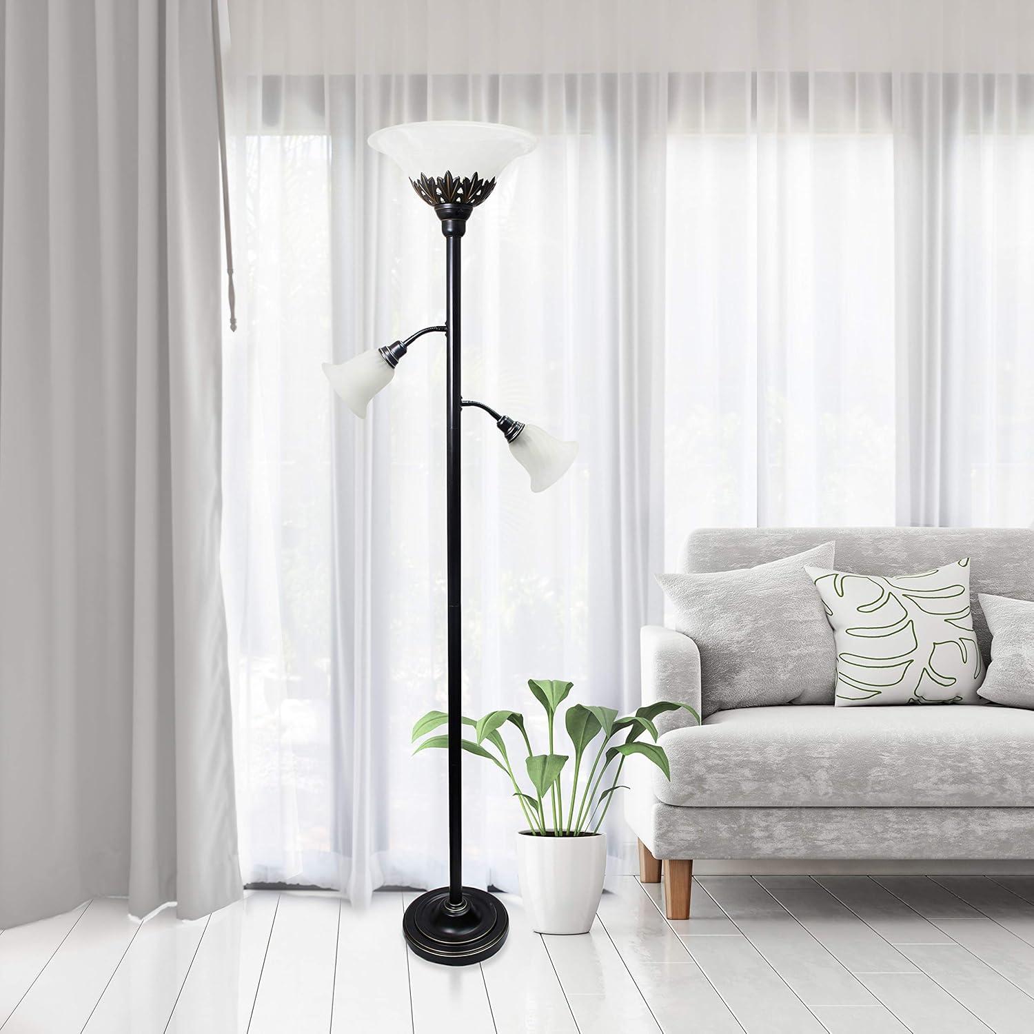 Torchiere Floor Lamp with 2 Reading Lights and Scalloped Glass Shades Bronze/White - Lalia Home: Adjustable, UL Listed, Metal Body