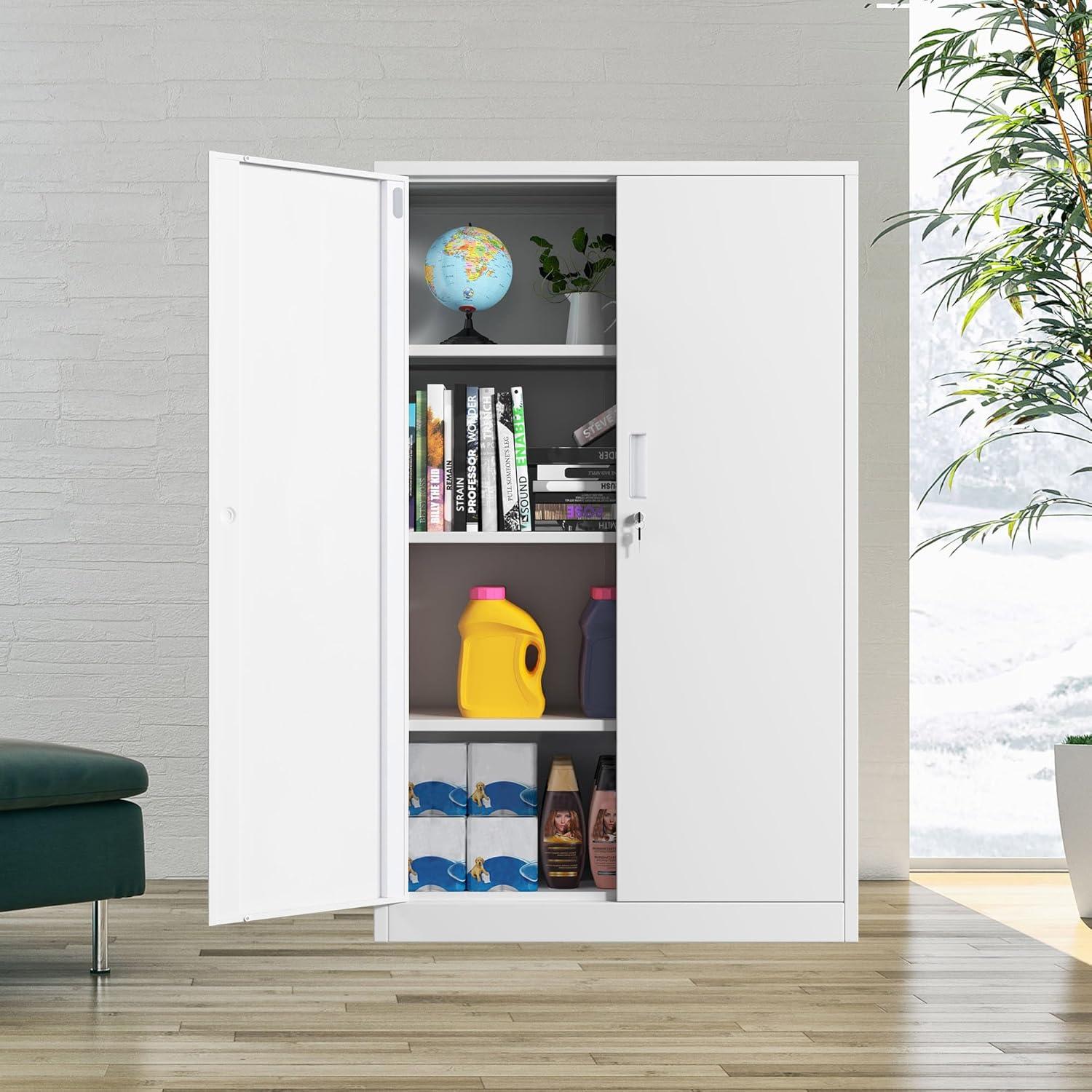 Metal Storage Cabinets with Shelves and Doors, Sideboard Buffet Cabinet for Kitchen, Entryway, Living Room, Home Office, Garage, Utility Room and Basement, 36.2" H x 31.5" W x 15.7" D (White)