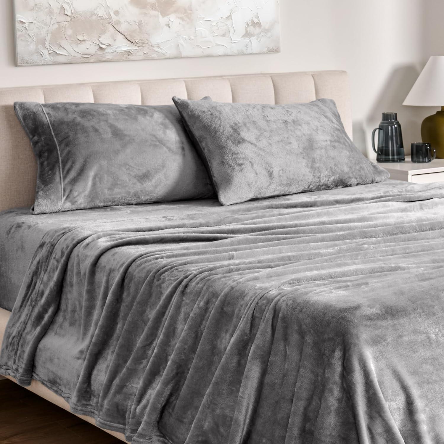 Velvety Soft Microplush Fleece Light Grey Twin XL Sheet Set by Bare Home