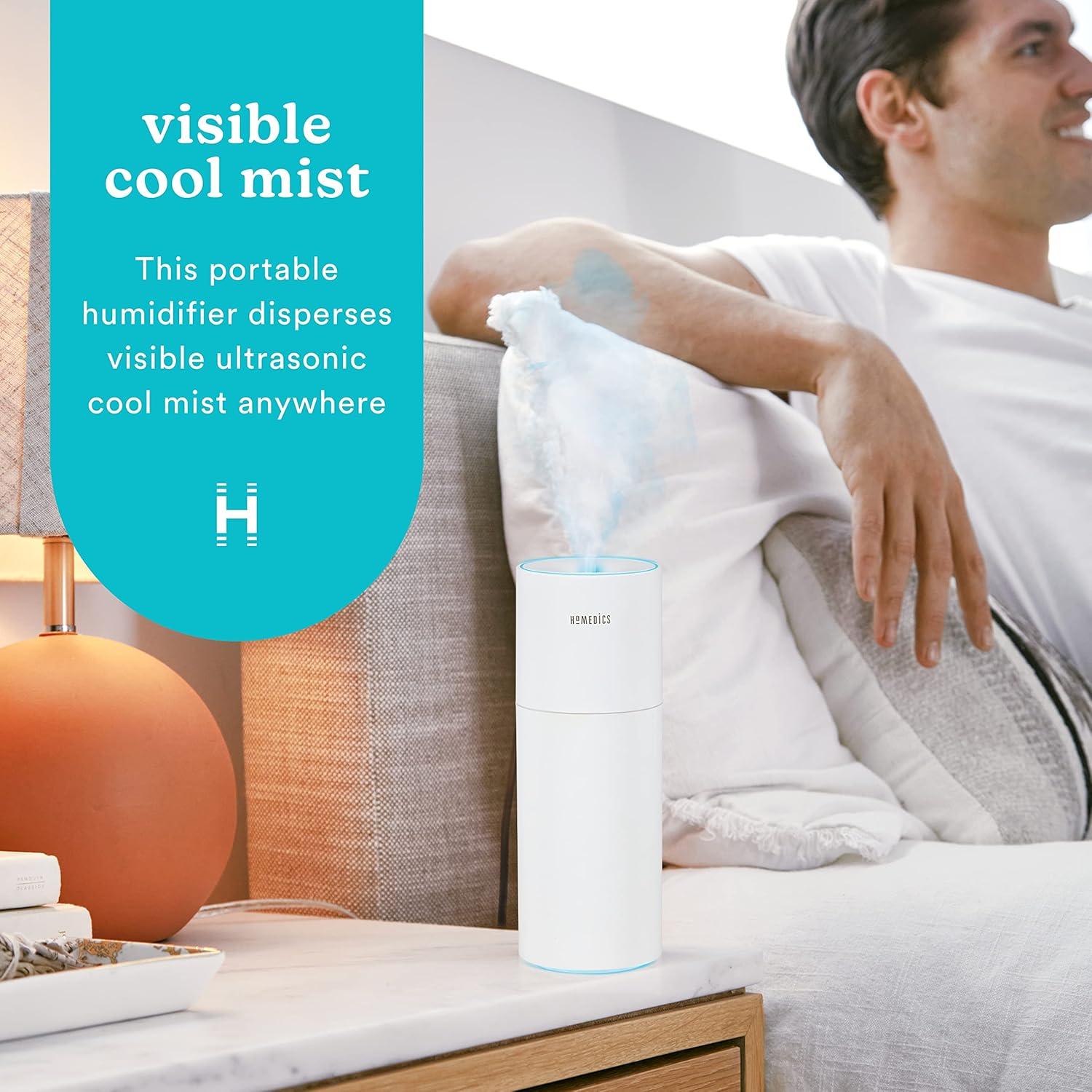 Homedics Portable Ultrasonic Humidifier, Cordless, Desktop, Travel, up to 10-Hour Runtime, Visible Quiet Cool Mist, White
