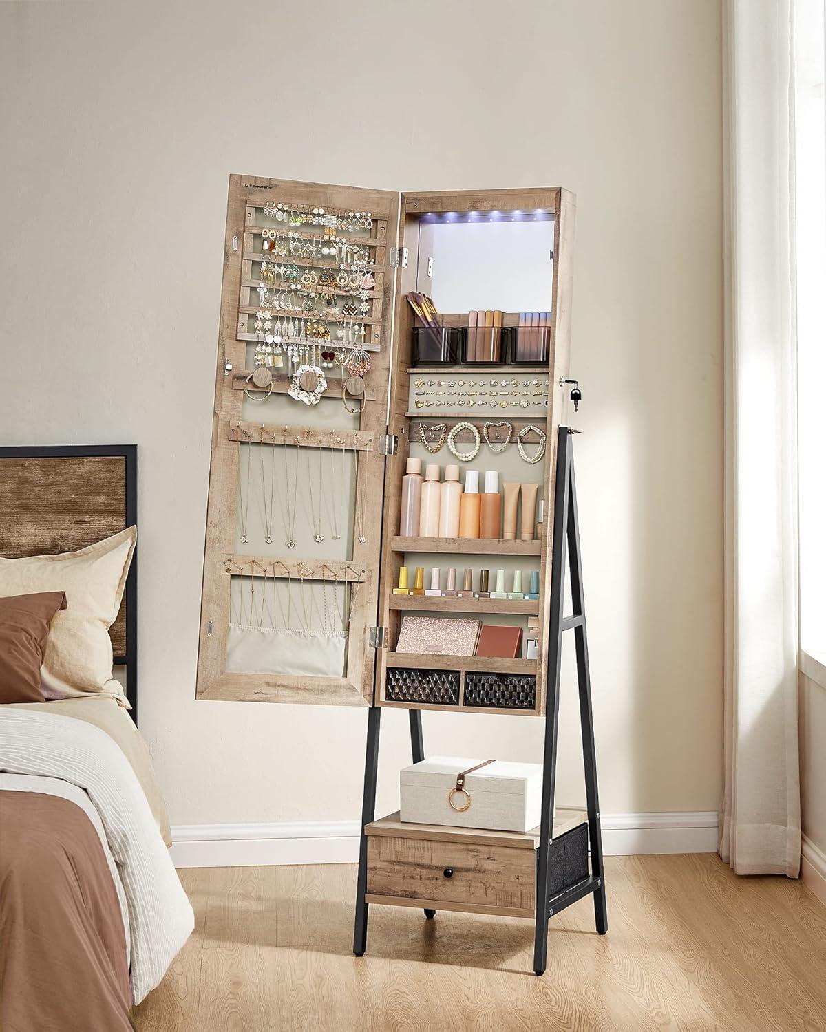SONGMICS LED Mirror Jewelry Cabinet Standing, Lockable Jewelry Armoire with Full-Length Mirror, Space-Saving Jewelry Organizer with Mirror, Drawer and Shelf, Toasted Oak Color UJJC025N01