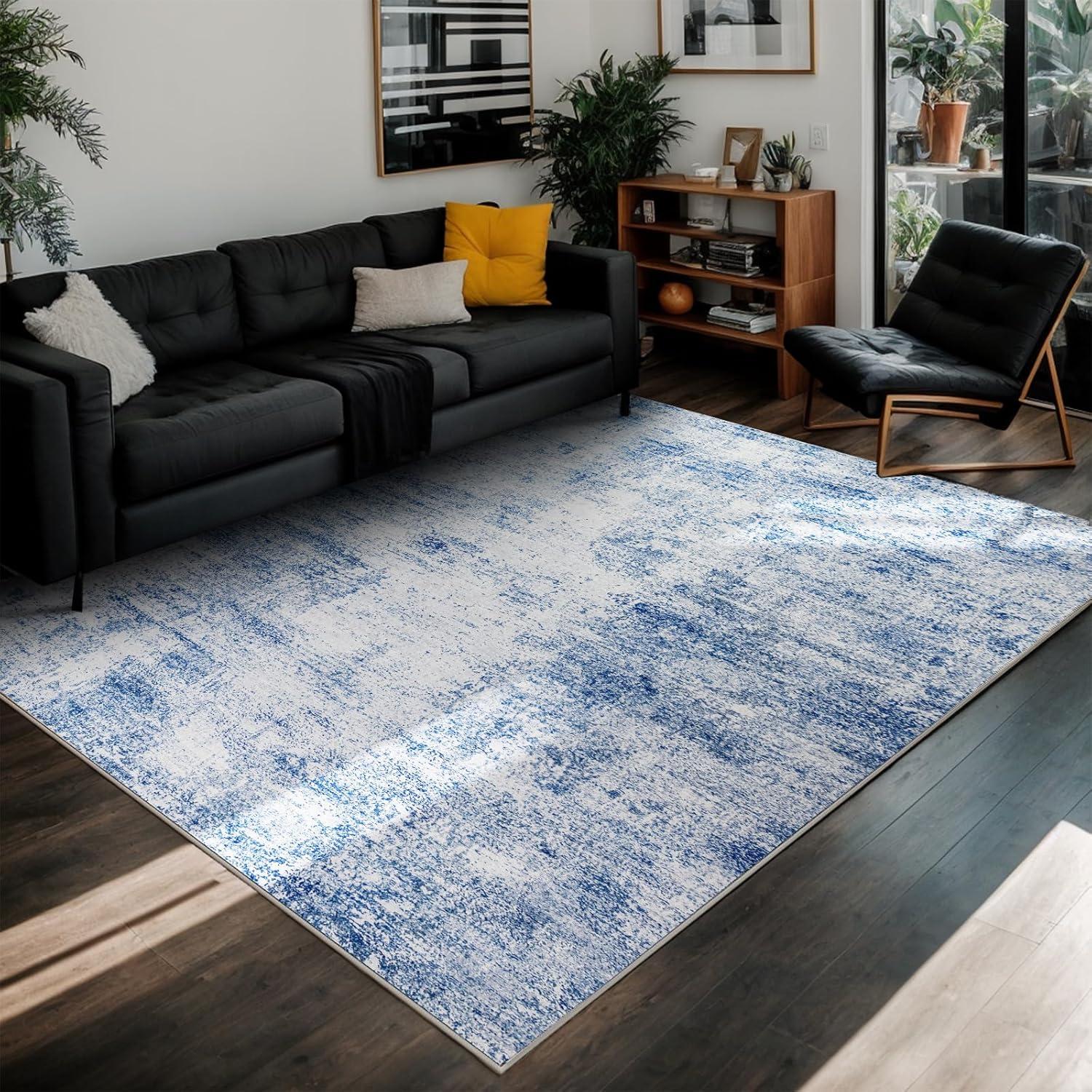 Garvee 5'x7' Modern Blue Abstract Area Rug Machine Washable Contemporary Rug Soft Foldable Thin Accent Rug Anti-Slip Non-Shedding Floor Carpet