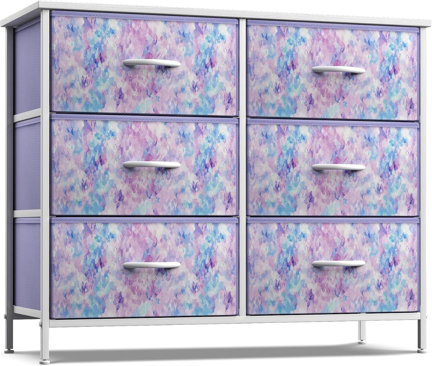 Sorbus 6 Drawers Dresser- Storage Unit with Steel Frame, Wood Top, Fabric Bins - for Bedroom, Closet, Office and more (Tie Dye Purple)