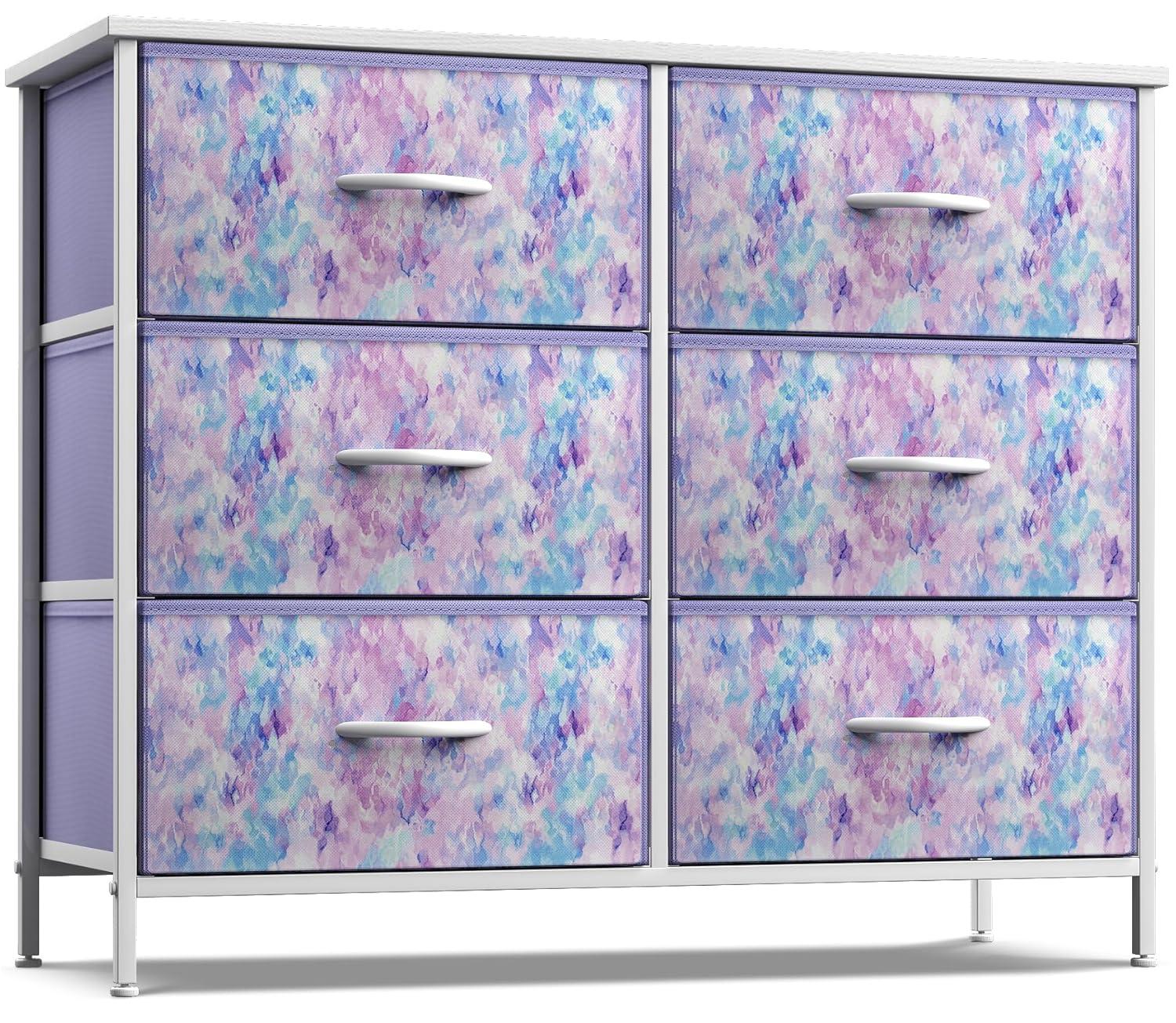 Sorbus 6 Drawers Dresser- Storage Unit with Steel Frame, Wood Top, Fabric Bins - for Bedroom, Closet, Office and more (Tie Dye Purple)