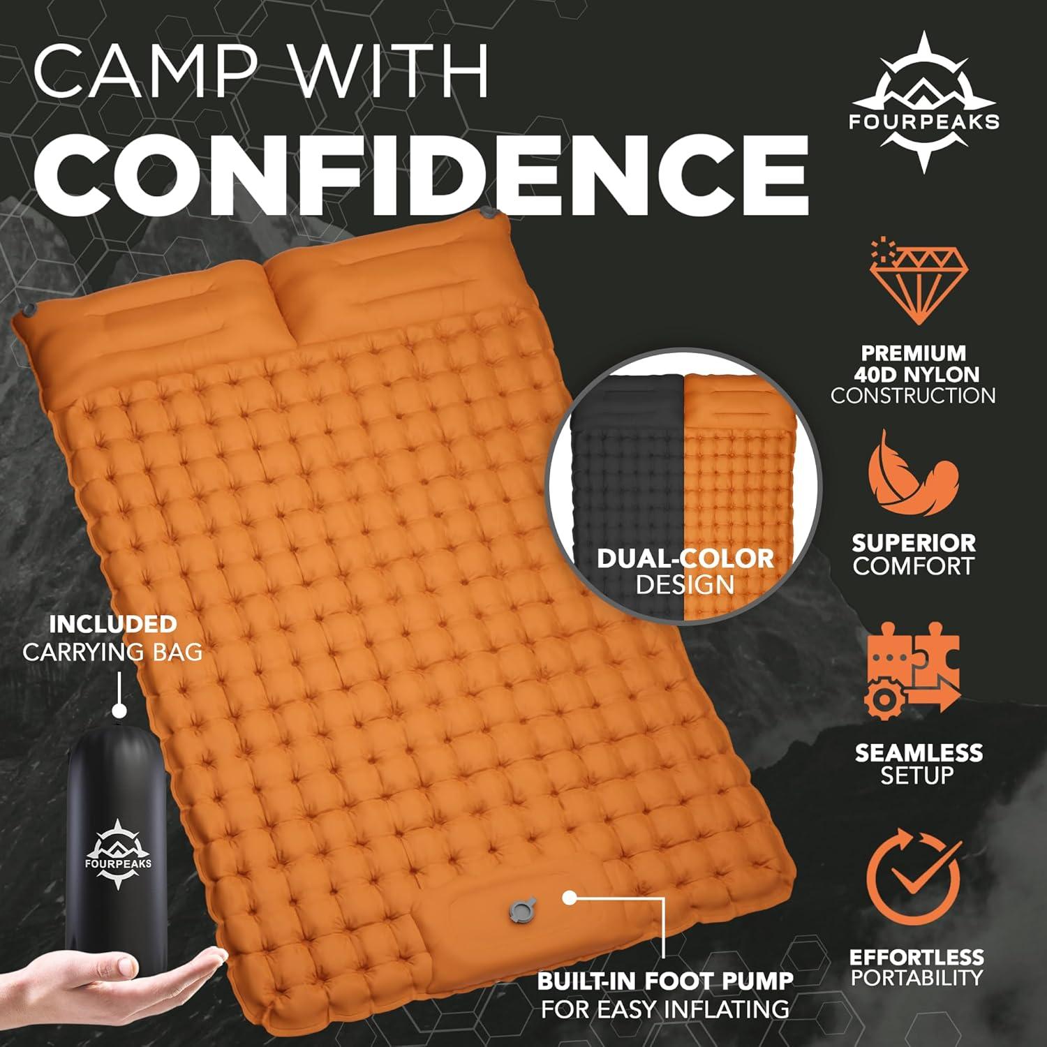 Double Orange and Black Nylon Self-Inflating Sleeping Pad with Pillows