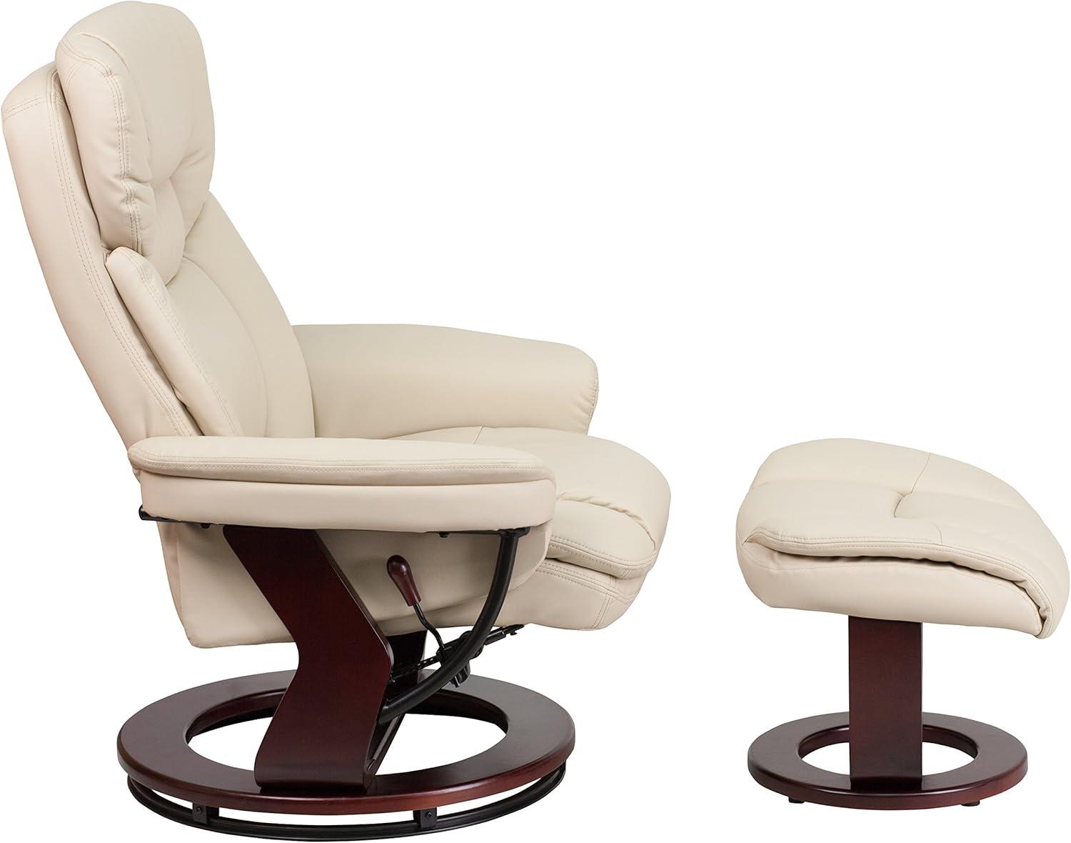 Beige Faux Leather Swivel Recliner with Mahogany Wood Base and Ottoman