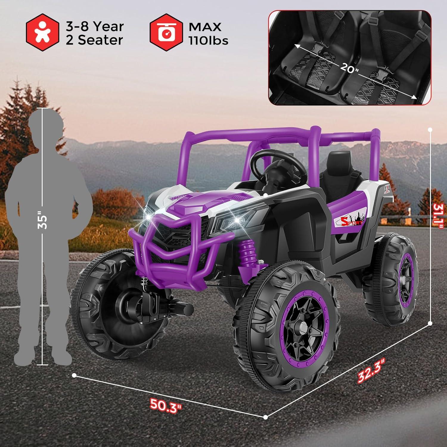Hikole 24 Volt Ride On Toys for Big Kids, 2 Seater Electric Truck Car Side by Side Electric Vehicle with Music, Bluetooth, 3 Speeds, Soft Braking, Kids UTV for Boys Girls-Purple