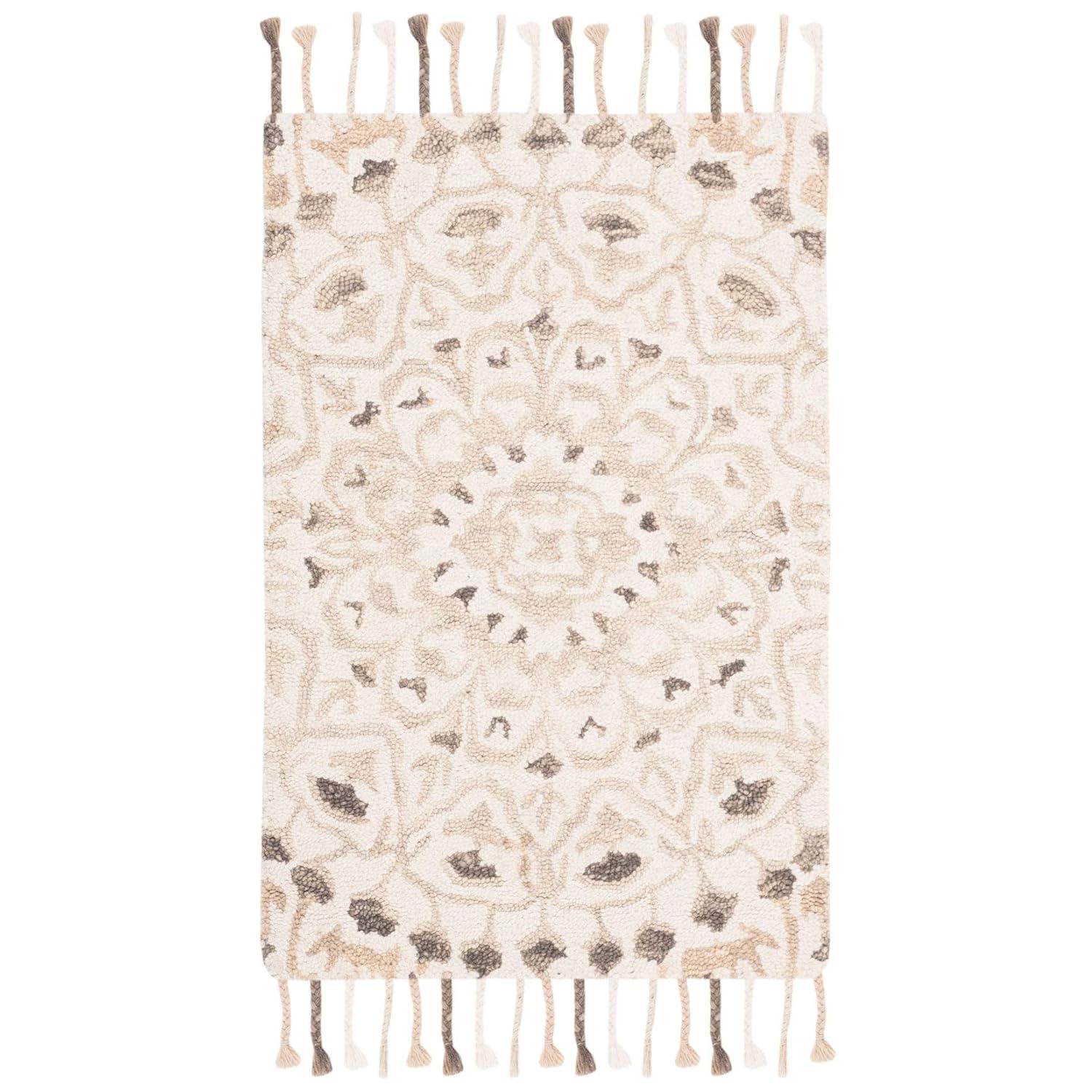 SAFAVIEH Blossom Kelvin Abstract Wool Fringed Area Rug, Ivory/Taupe, 2' x 3'