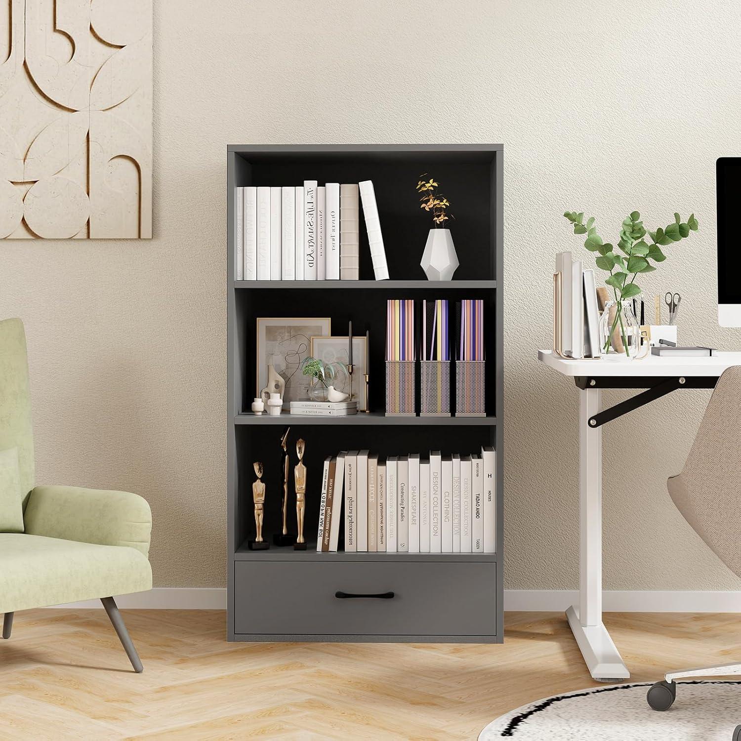 Resenkos Bookshelf,Shelf, Open Bookcase Book Shelf,Storage Shelf Unit Plant Stand,48 Inch Tall 4 Tiers Wood Bookcase with Drawer-Gray