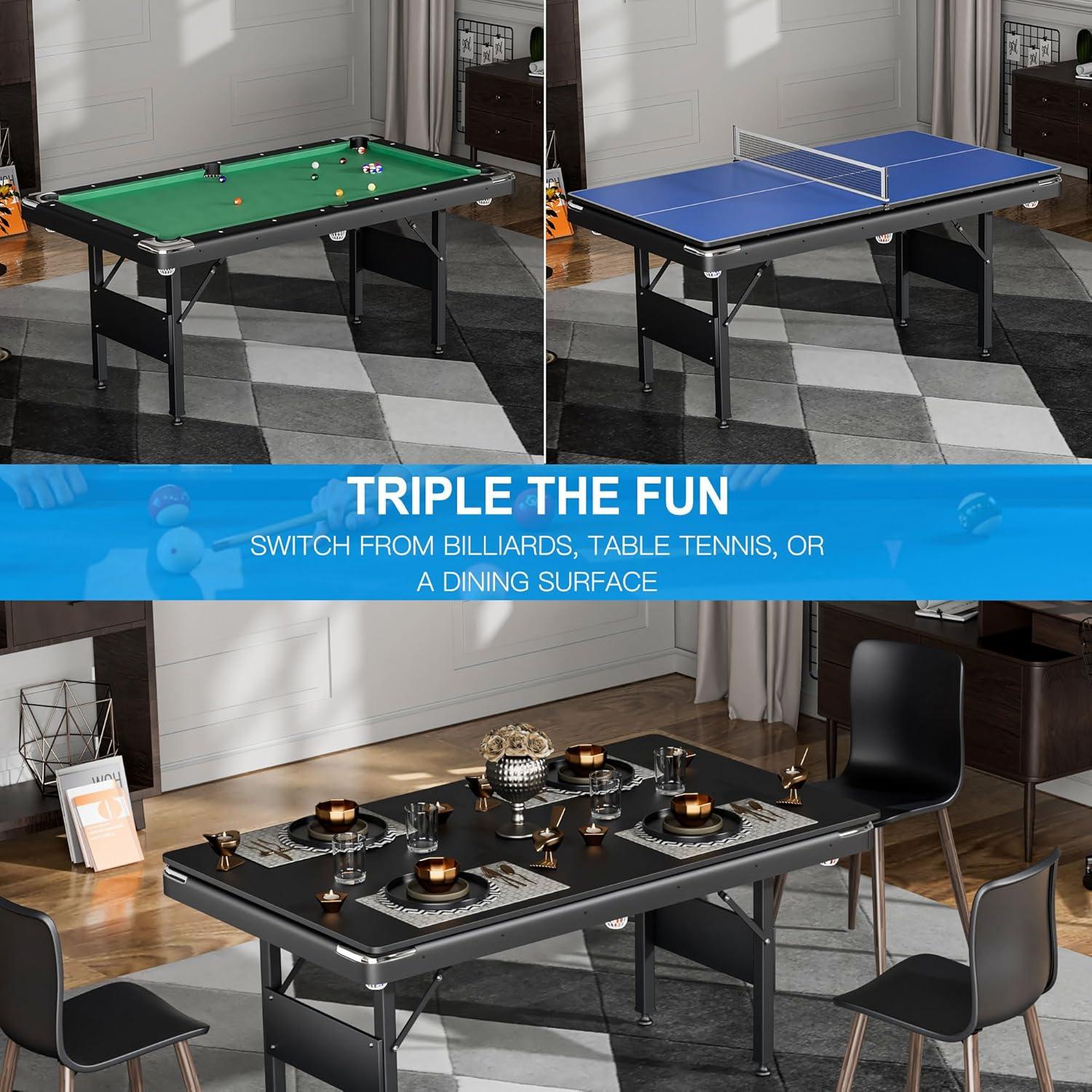 Holaki 3 in 1 Billiard Table, 65.75" Folding Pool Table with Ping Pong Table and Dining Top, Multi Game Table Includes Billiard Accessories and Tennis Paddles for Family Game Room, Basements