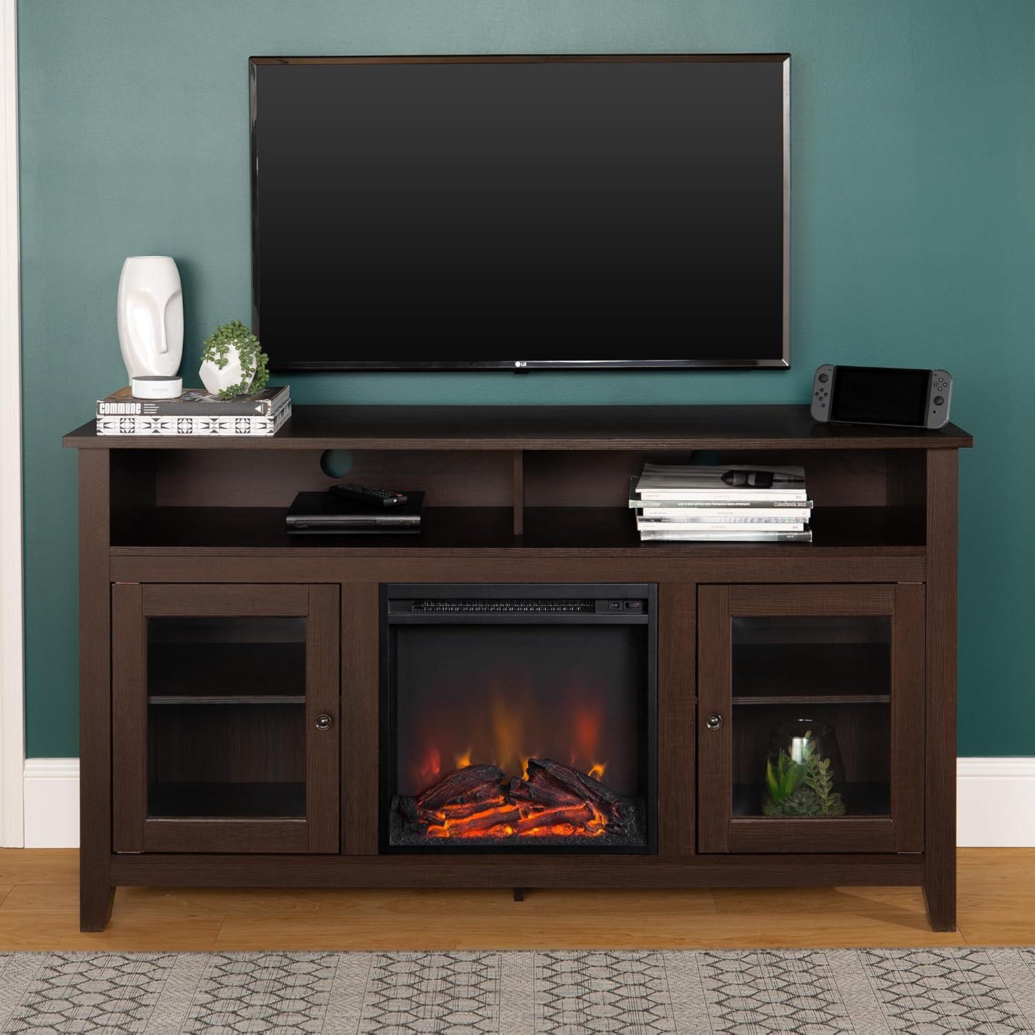 Espresso 58" Highboy Media Stand with Electric Fireplace and Cabinet
