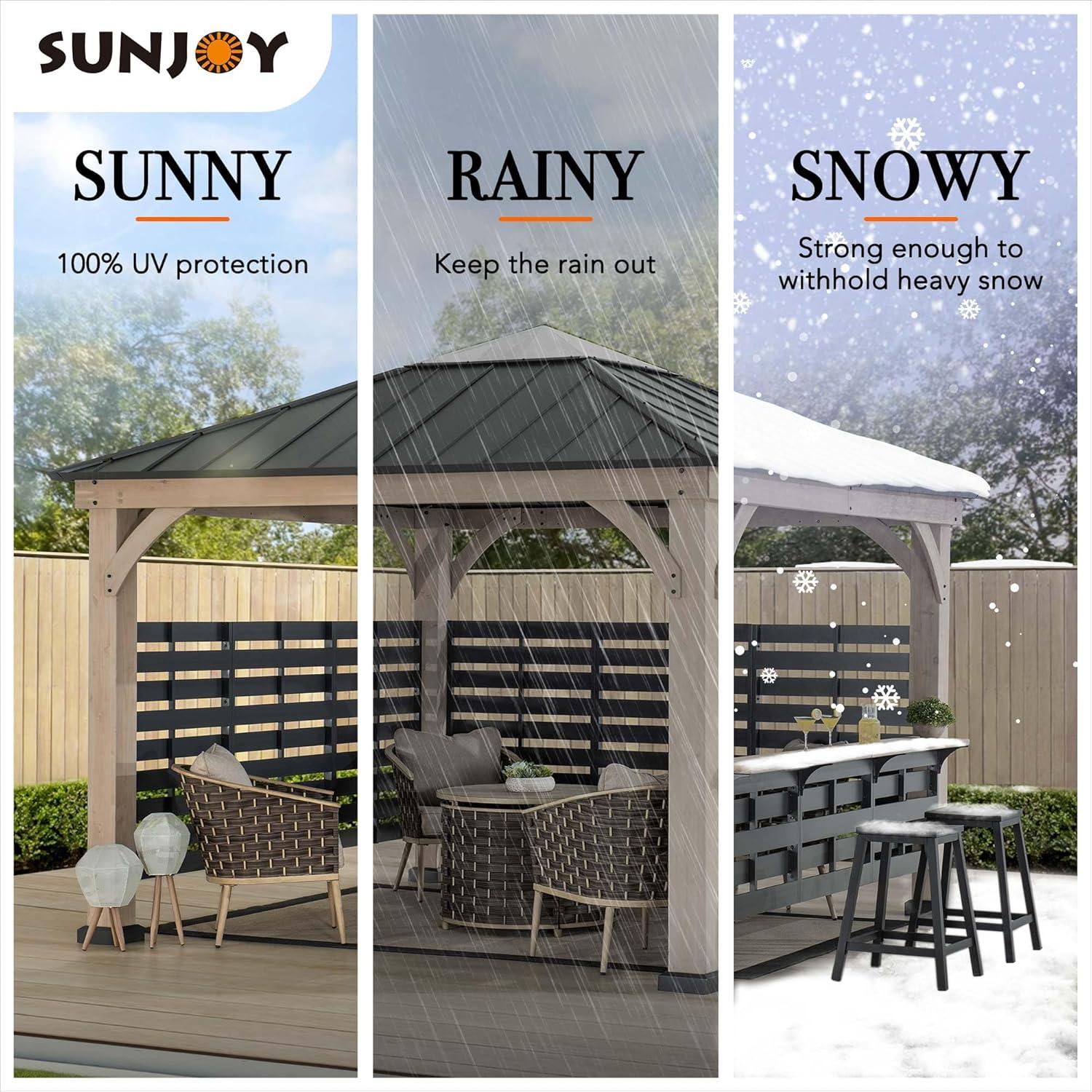 Sunjoy Cameron 11 ft. x 11 ft. Cedar Wood Framed Hot Tub Gazebo with Steel and Polycarbonate Hardtop and bar shelf, Matte Black