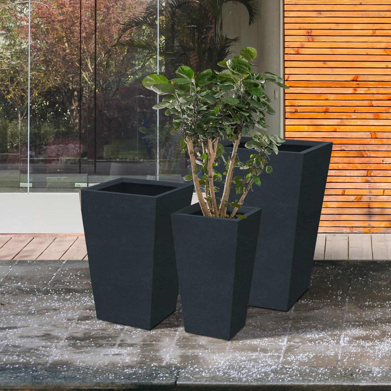 Charcoal Finish Tall Concrete Planter Set with Drainage Holes