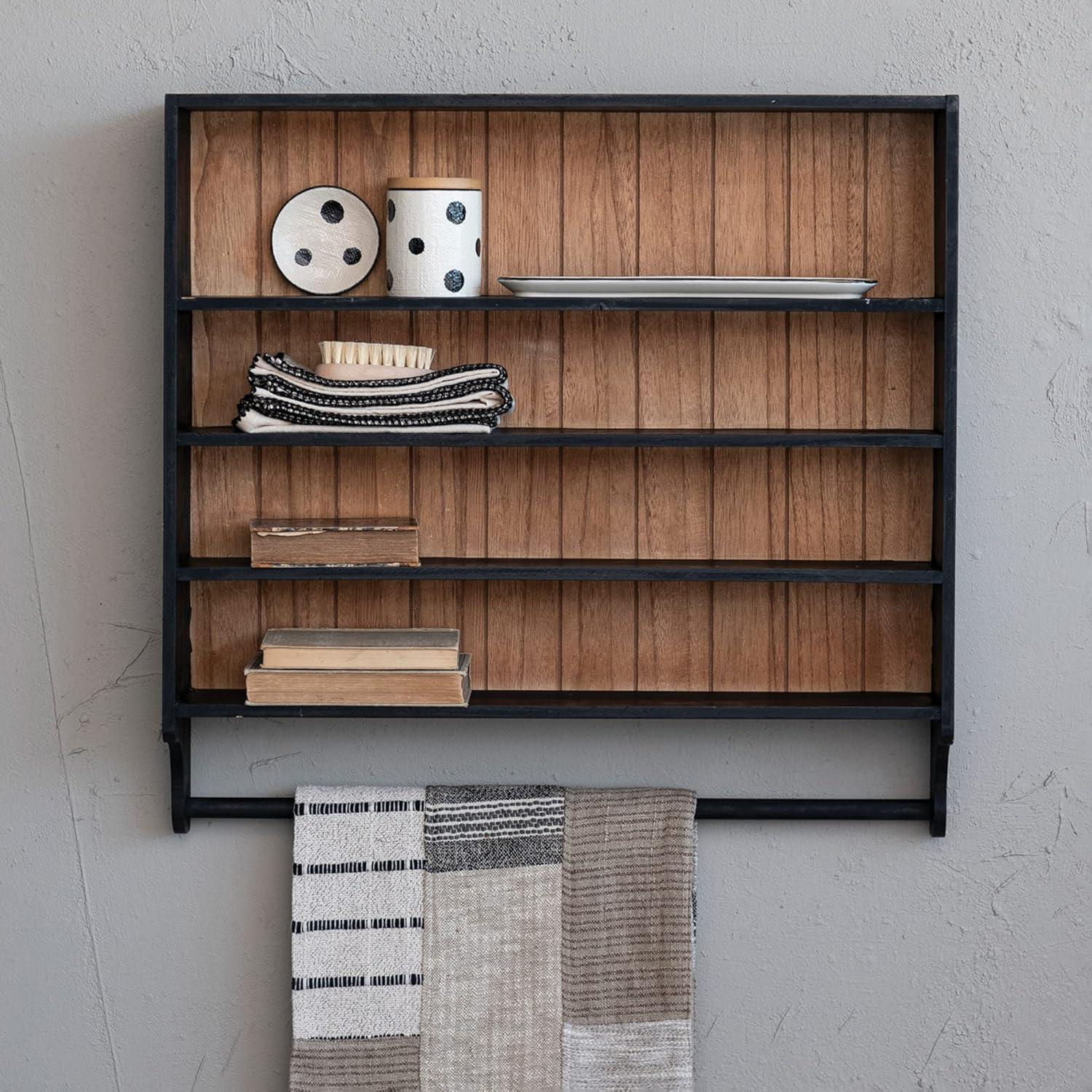 Black and Natural Wood Wall Shelf with Towel Rod