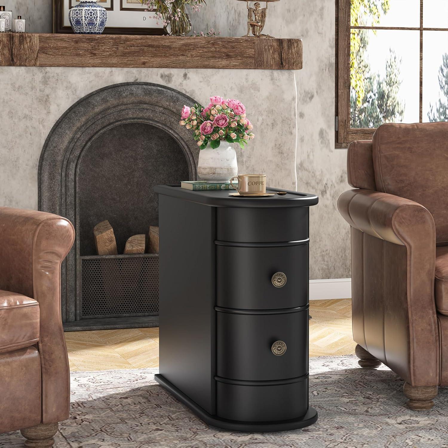 Hommoo Wood Narrow Nightstand with 2 Drawers Black
