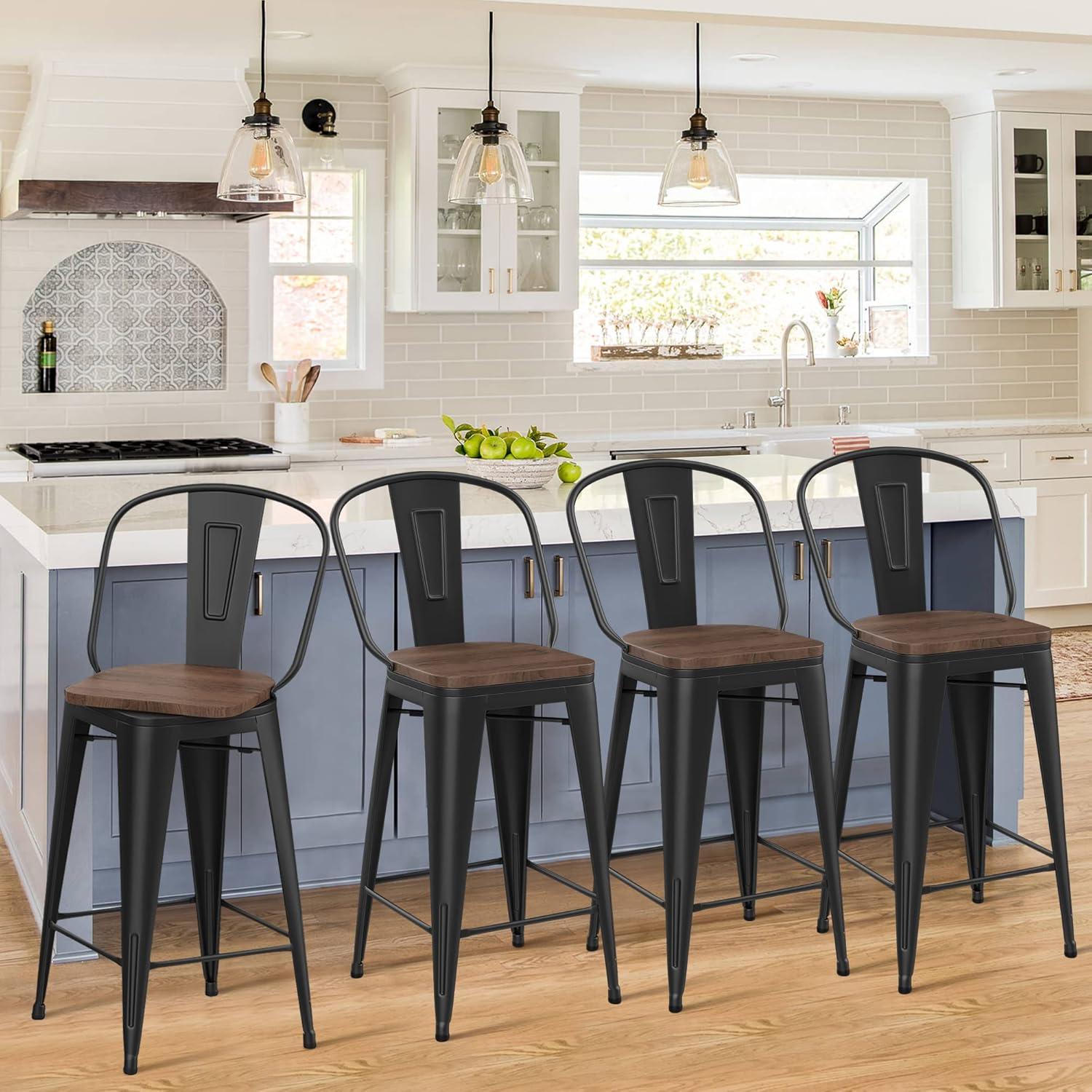 Alunaune 26" Swivel Metal Bar Stools Set of 4 High Back Counter Height Barstools Industrial Dining Bar Chairs with Large Wooden Seat-Matte Black