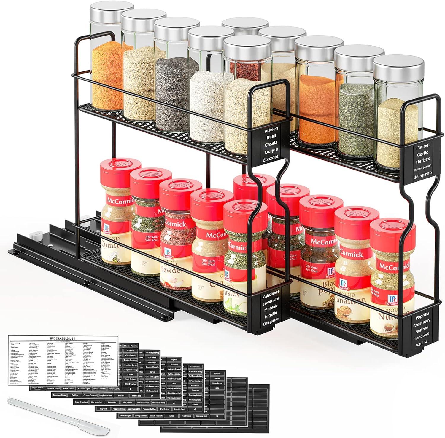 Pull Out Spice Rack Organizer for Cabinet - Heavy Duty Slide Out Kitchen Organizer with Labels, 5.2" W x 10.75" D x 10" H, 2 Drawers, 2-Tier