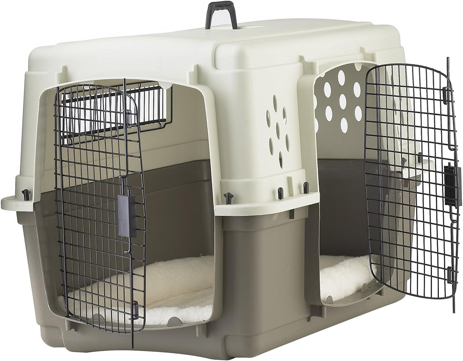 Miller Manufacturing Company Portable Plastic Hard Sided Pet Travel Crate Carrier Kennel w/ Double Doors For Dogs, Rabbits, & Animals, Beige & Taupe