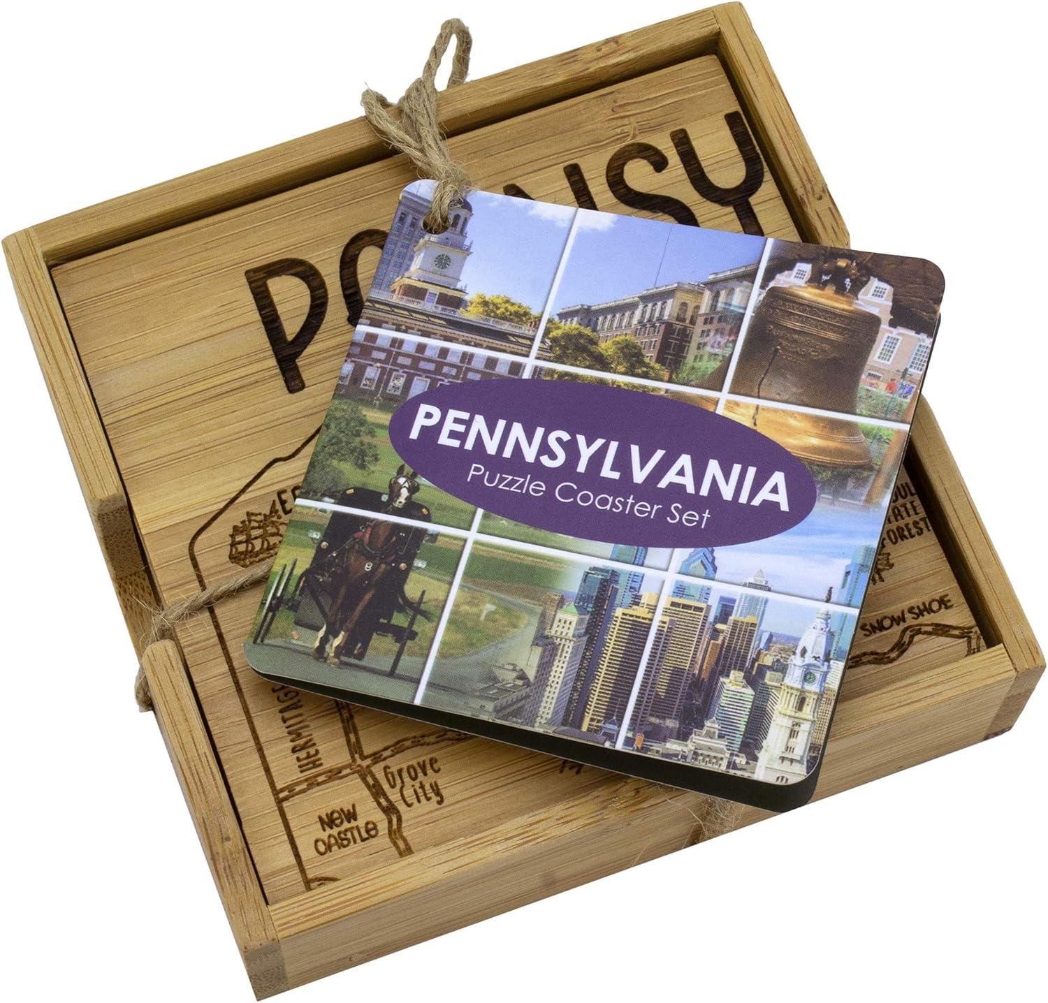 Pennsylvania State Bamboo Puzzle Coaster Set with Case