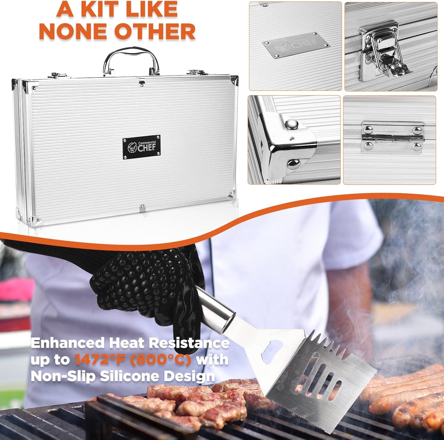 Commercial Chef 25 Piece Stainless Steel Barbeque Grill Accessories Tool Set with Aluminum Hard Case