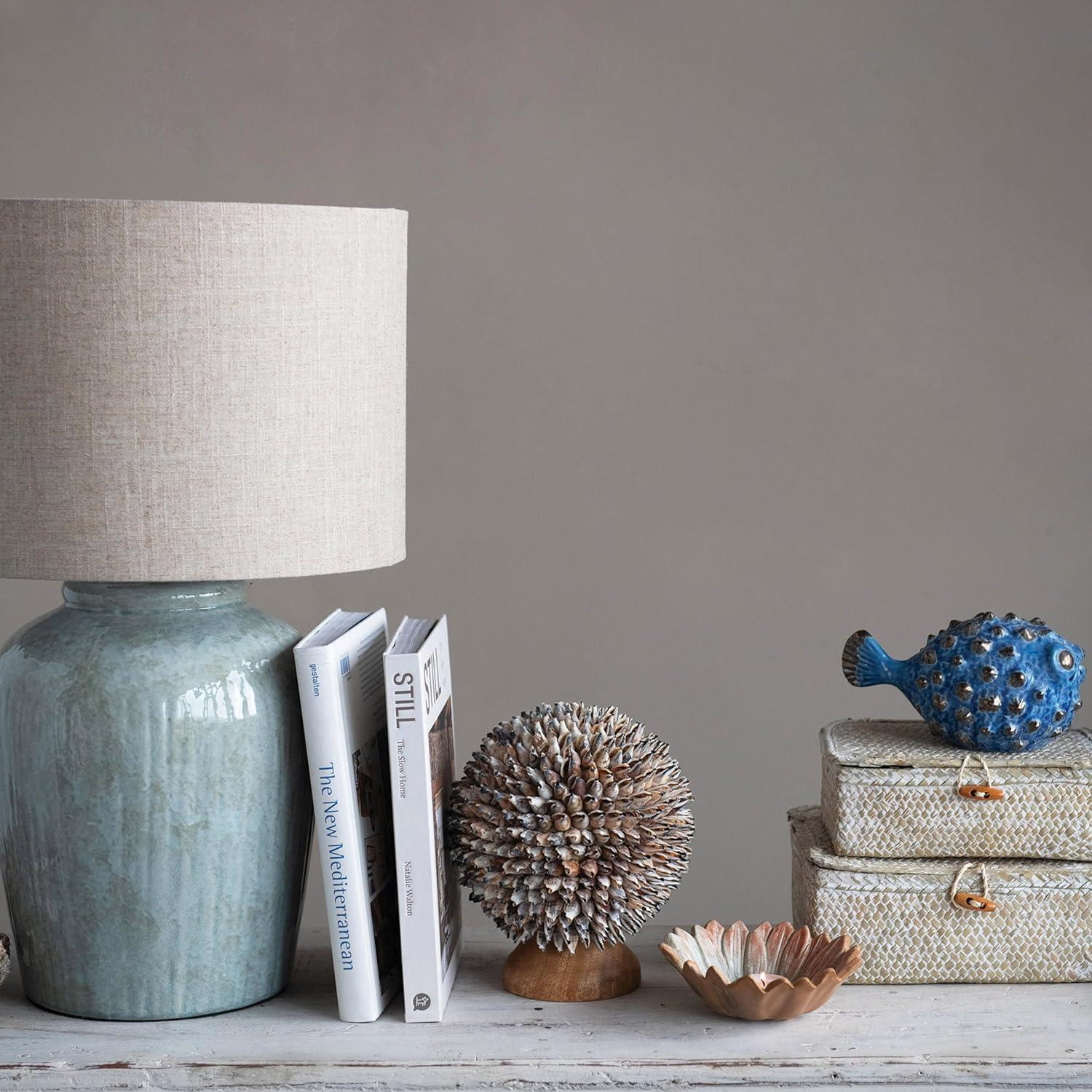 Creative Co-Op Coastal Aqua Blue Ceramic Stoneware Table Lamp with Natural Ivory Linen Shade, Reactive Glaze Finish