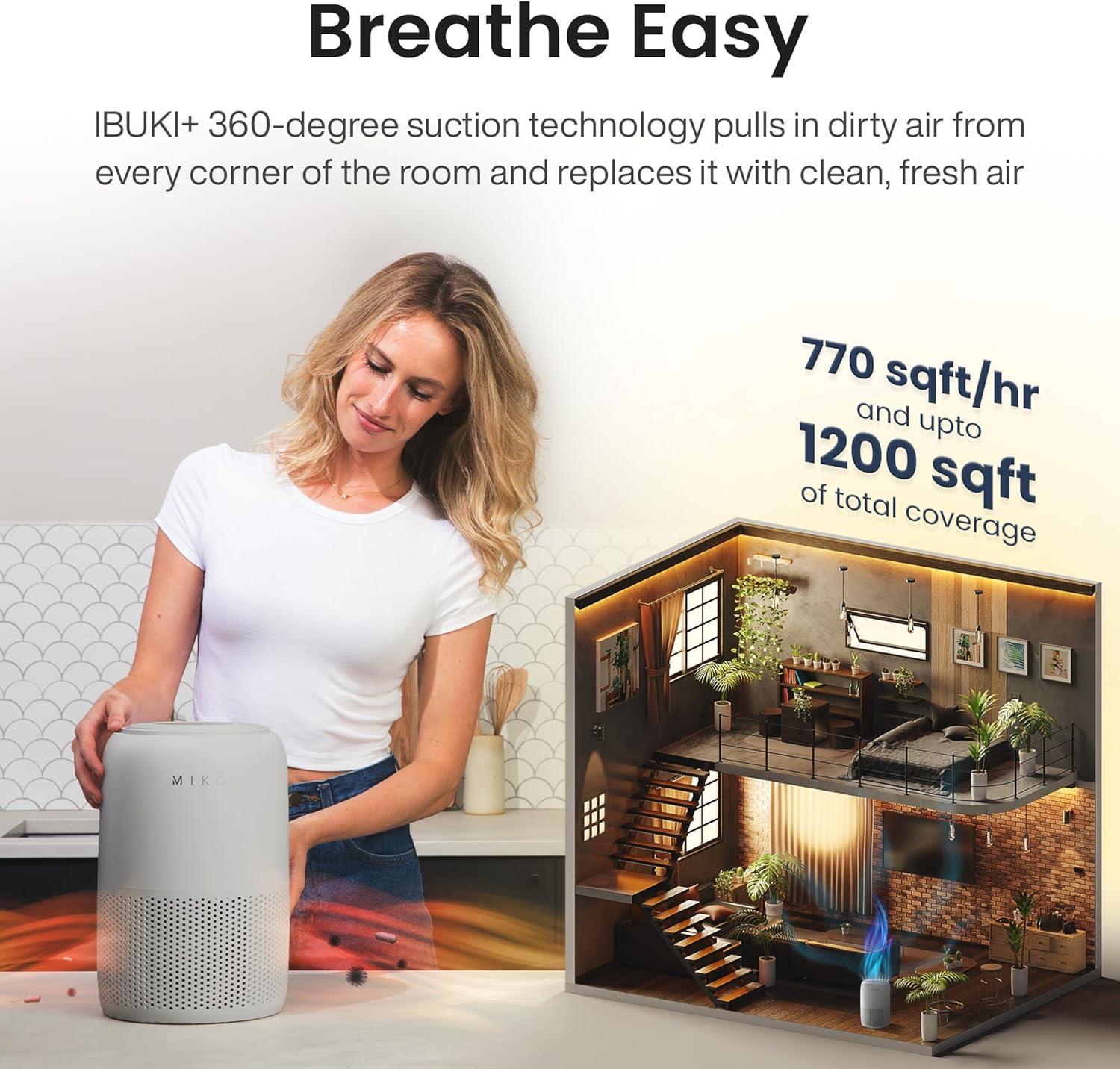 Miko Air Purifier for Large Room up to 770 Sqft - H13 True HEPA Air Cleaner for Pet Hair, Odors, Dust, Pollen for Home