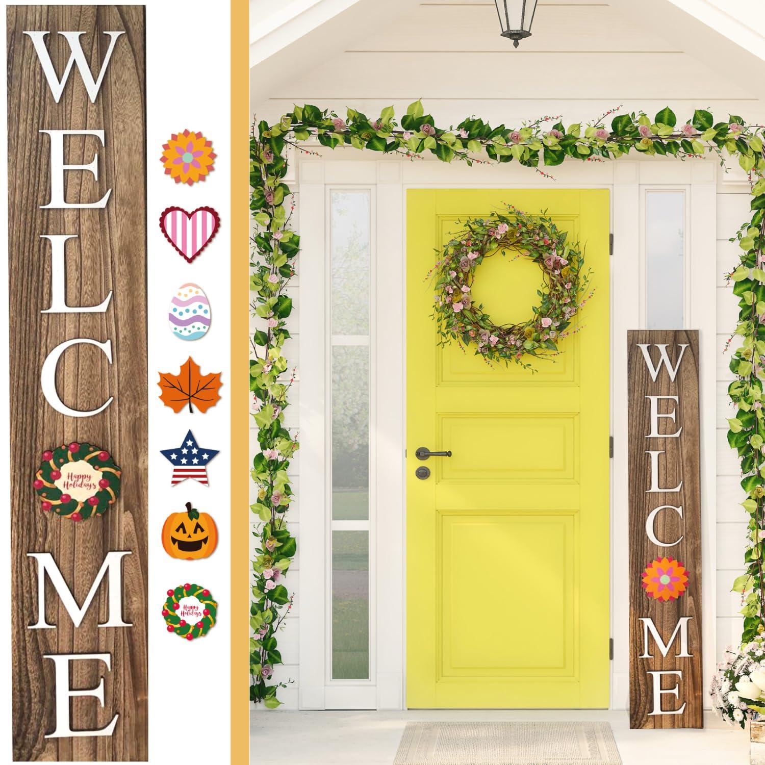 ALBEN Welcome Sign For Front Door Porch With Ornamental Tiles - 8 Interchangeable Seasonal Tiles, Celebrate Holidays and Seasons, Vertical Wooden Outdoor and Indoor Welcome Home Decor Sign