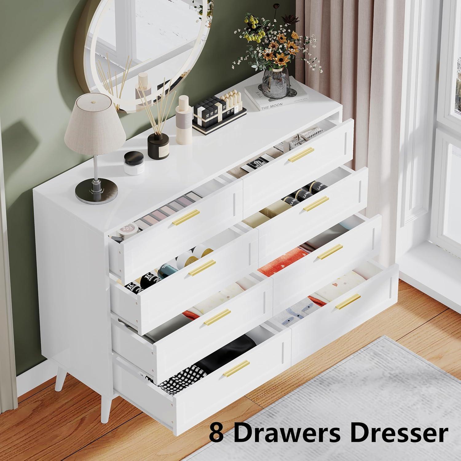 Rovaurx 8 Drawer Double Dresser Chest, Bedroom Chest of Dressers, Beside Table, White