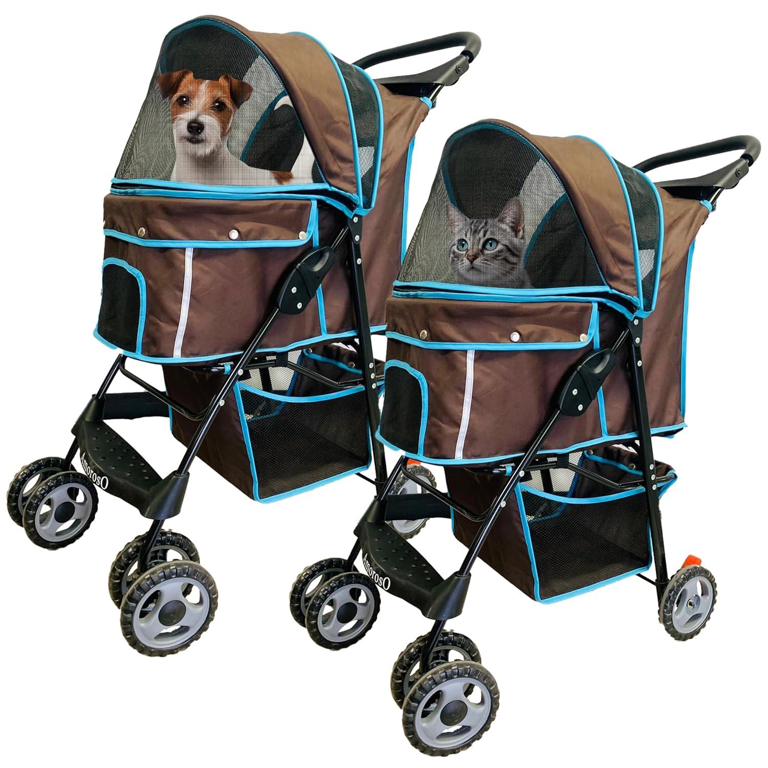 Brown and Turquoise Foldable Pet Stroller with Storage Basket