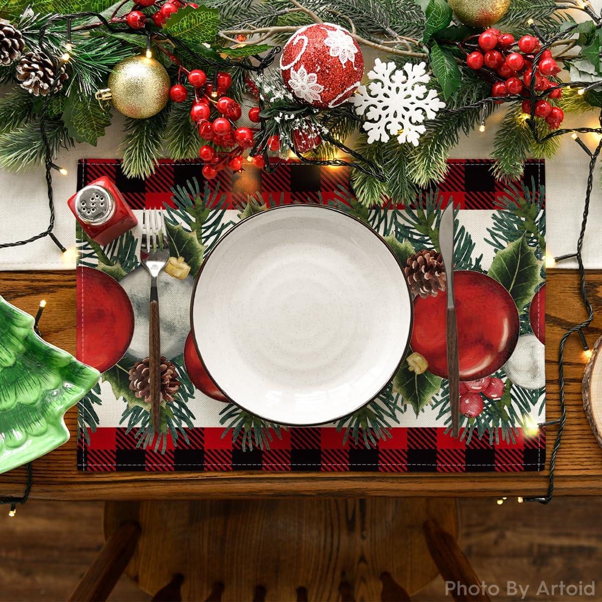 Linen Red and Black Buffalo Check Plaid Christmas Placemats Set of 4 Farmhouse Winter Christmas Xmas Holiday Home Kitchen Table Decorations