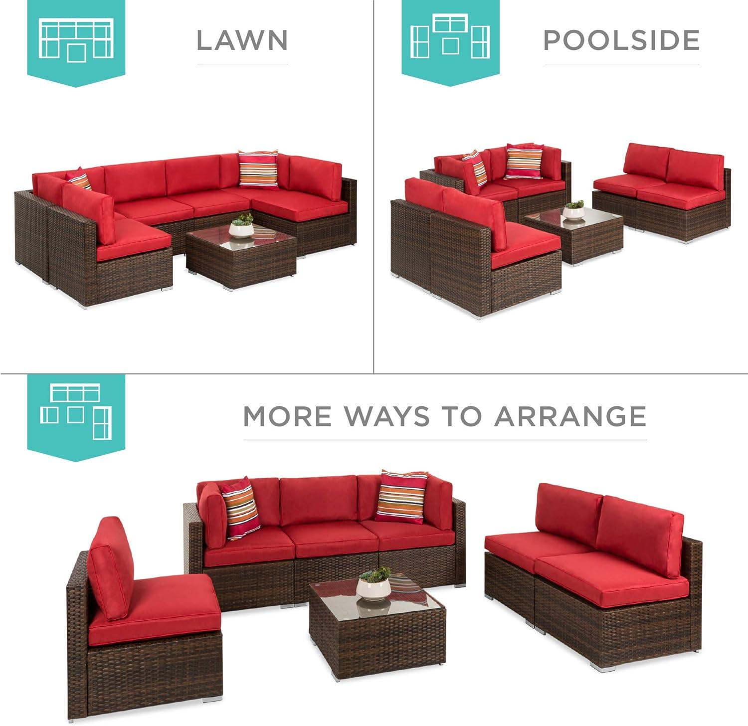 Best Choice Products 7-Piece Outdoor Modular Patio Conversation Furniture, Wicker Sectional Set - Brown/Red