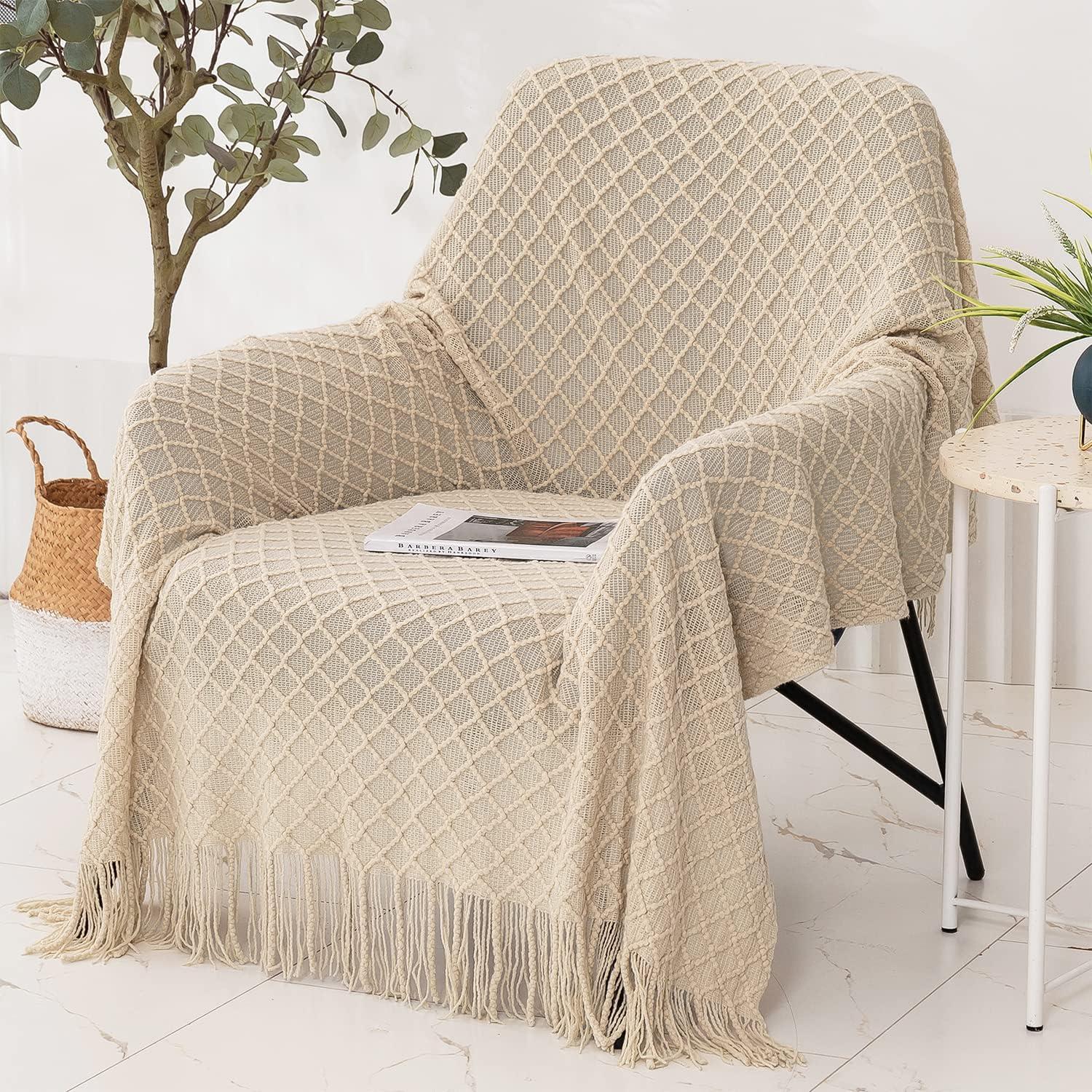 Lunarose Throw Blanket for Couch,Soft Cozy Knit Blanket,Lightweight Decorative Throw for Sofa Chair Bed Travel and Living Room-All Seasons Suitable for Women,Men and Kids (White-Wave, 50"x60")