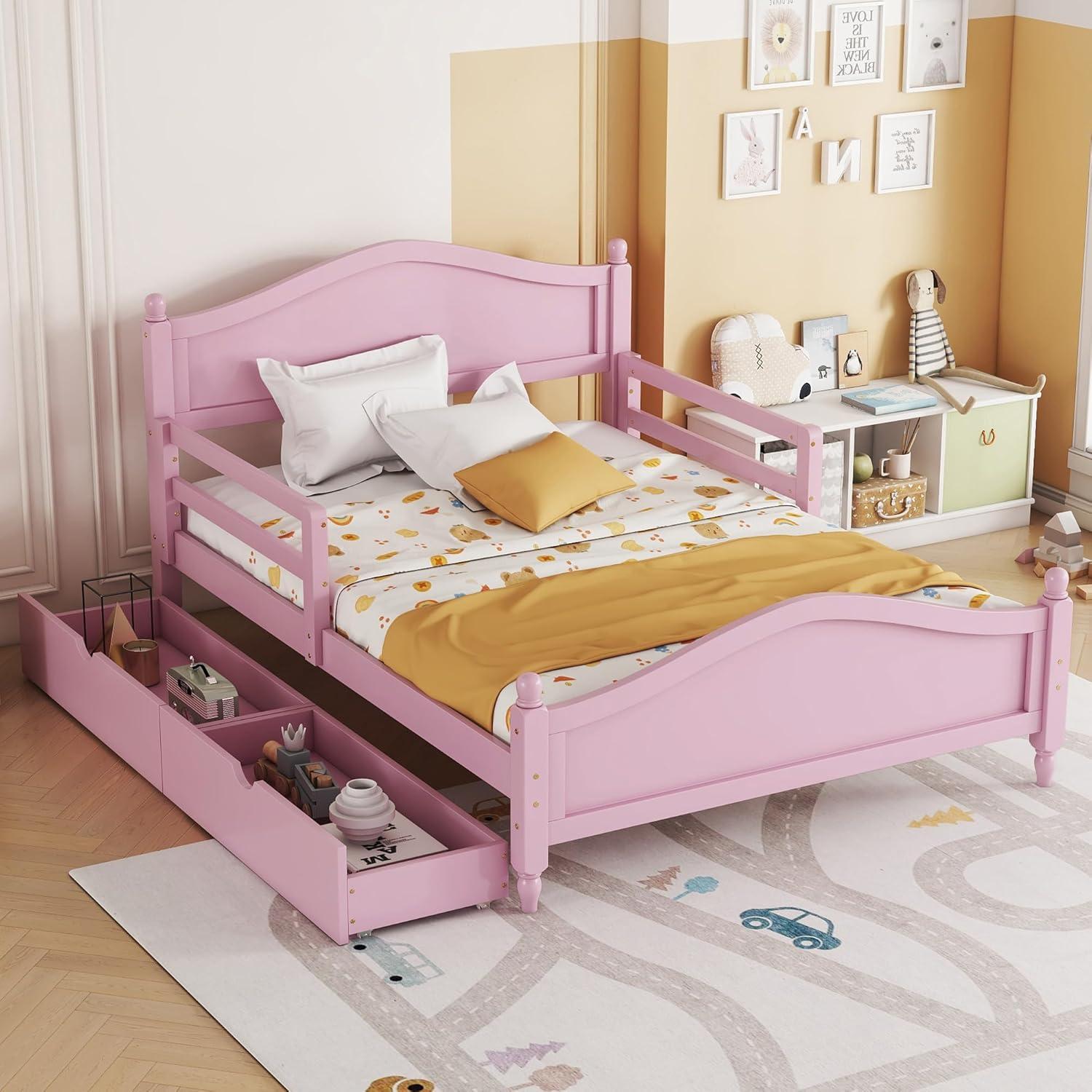 Harper & Bright Designs Kids Full Storage Bed Frame with 2 Drawers and Rails, Wood Platform Beds with Headboard and Footboard, Full Size Bed with Slat Support for Boys Girls,No Box Spring Needed,Pink