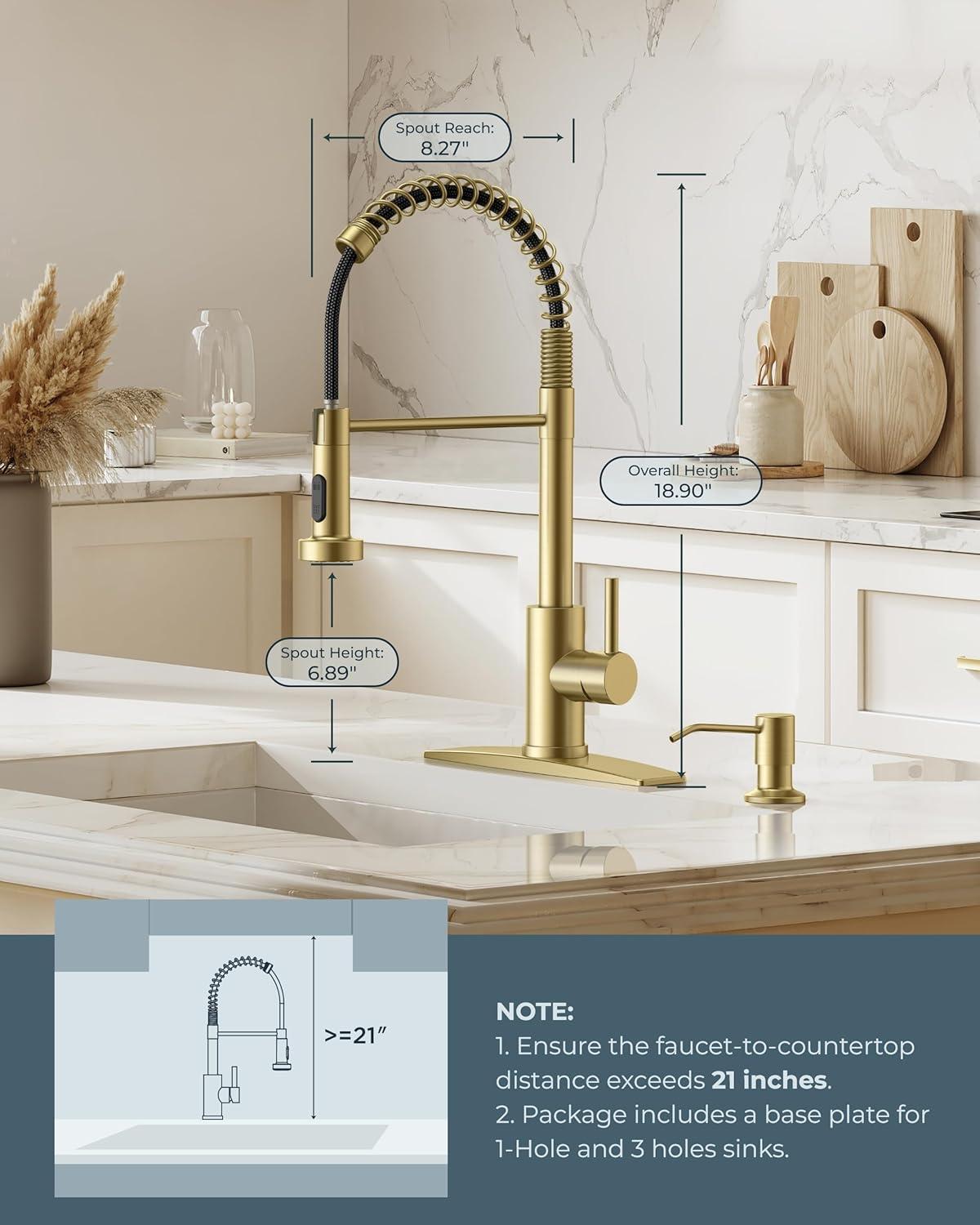 Gold Stainless Steel Pull Down Kitchen Faucet with Soap Dispenser