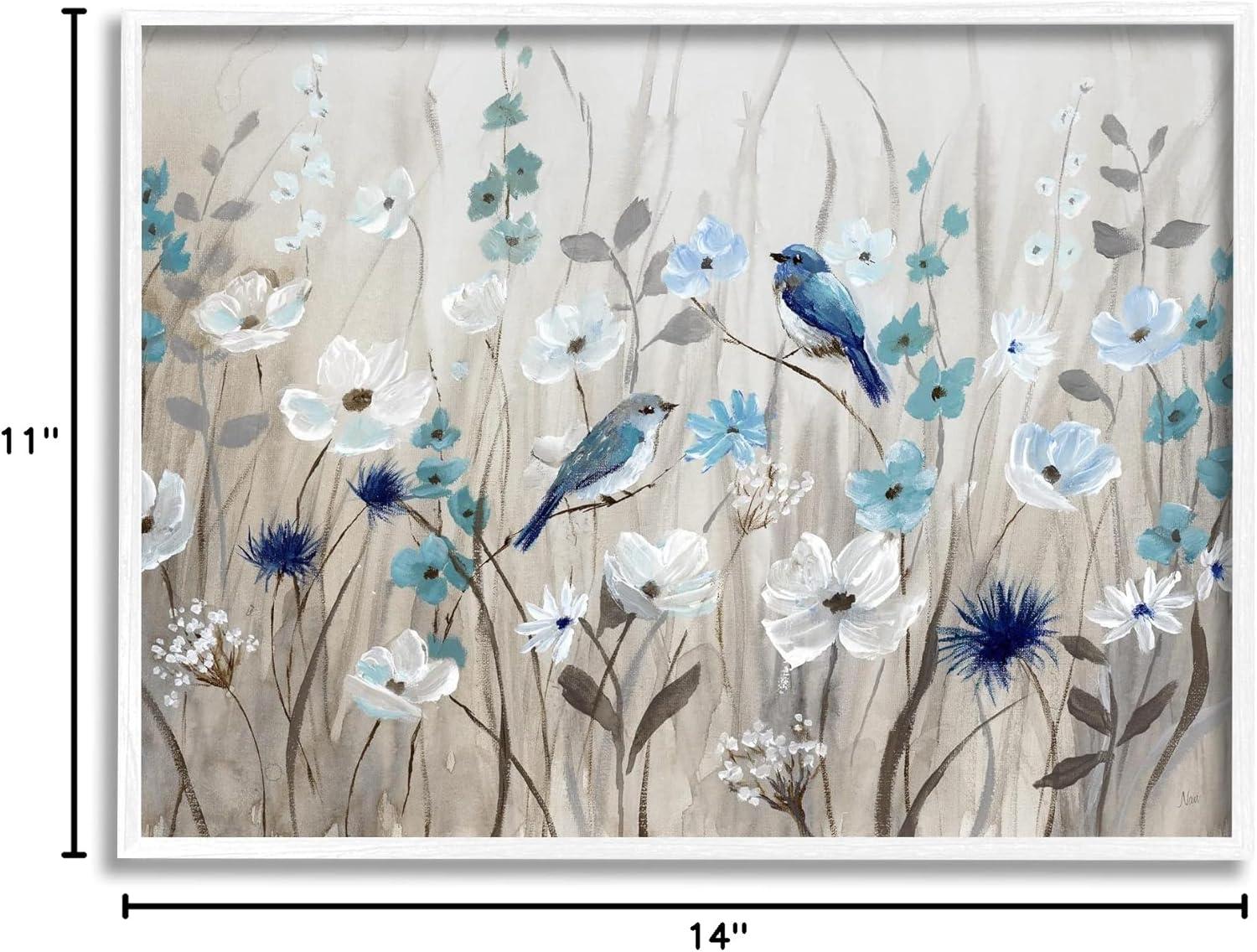 Stupell Birds in Meadow Blue Blossoms White Framed Giclee, 11 x 14