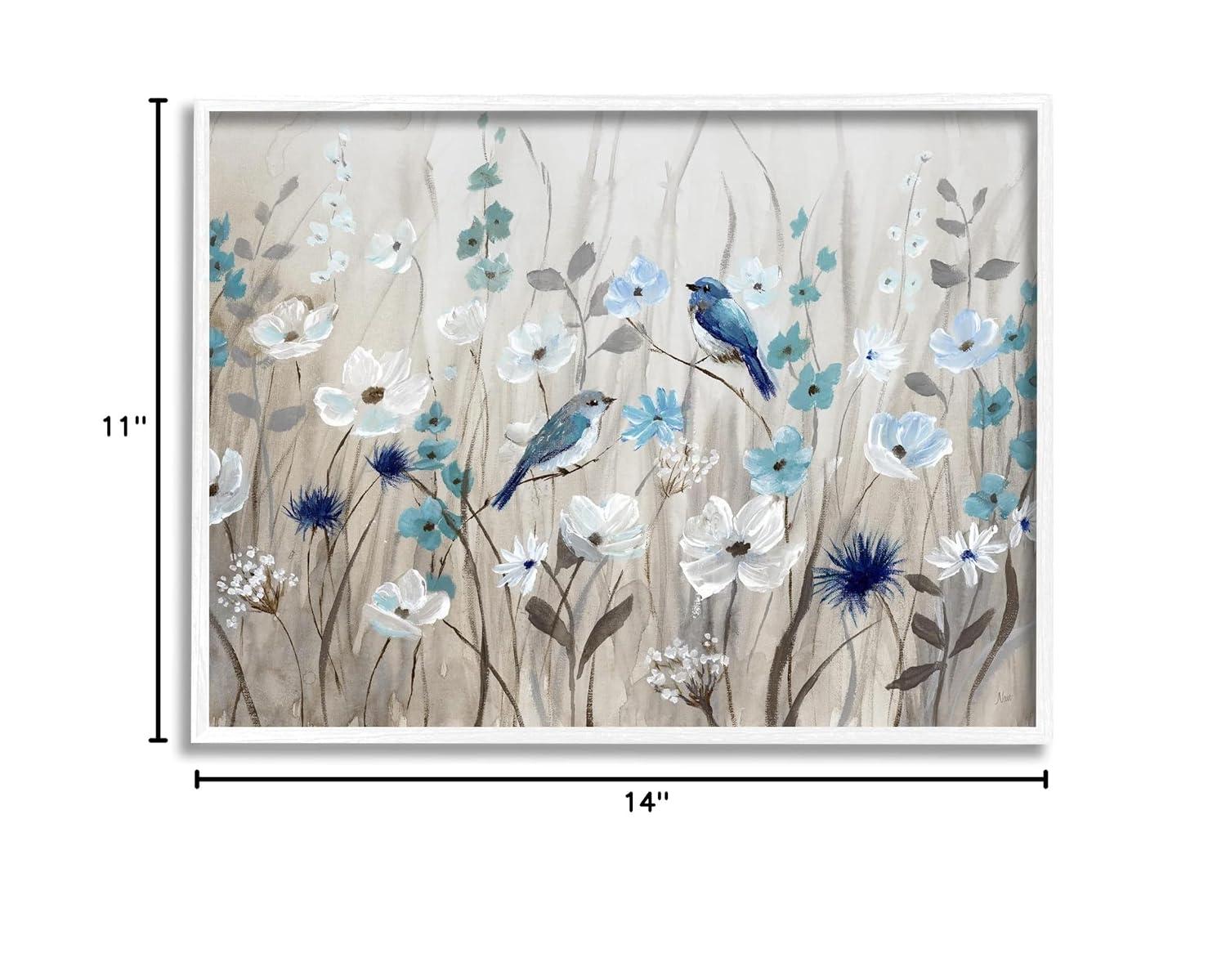Stupell Birds in Meadow Blue Blossoms White Framed Giclee, 11 x 14