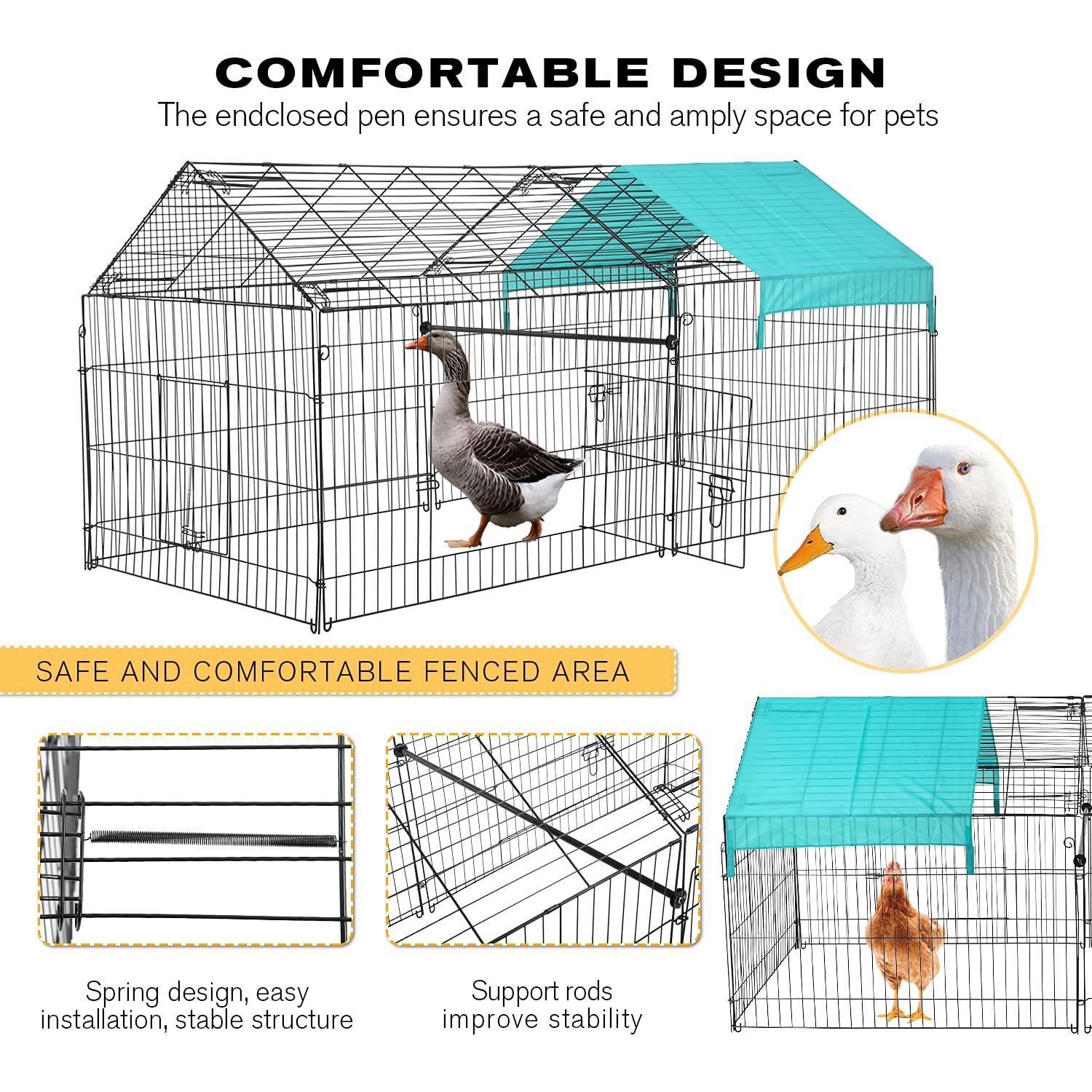 Metal Chicken Coop, 86 x 40 x 40 Inch Chicken Run for Yard with Waterproof Cover, Outdoor Portable Chicken Pen with 4 Doors, 1 Window, Chicken House for Small Animals Duck, Rabbit, Hen