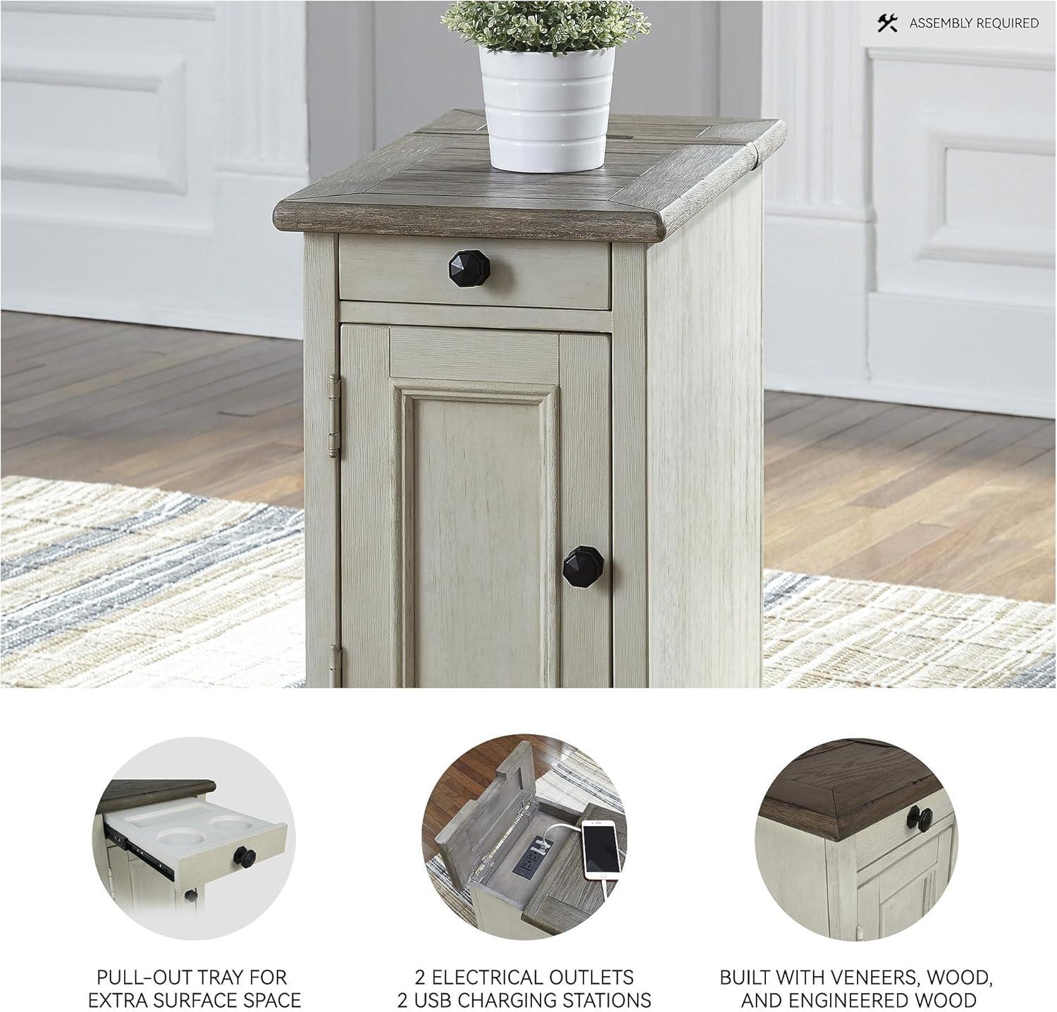 Signature Design by Ashley Bolanburg Chair Side End Table Brown/White: Vintage Style, USB Ports, Storage Cabinet