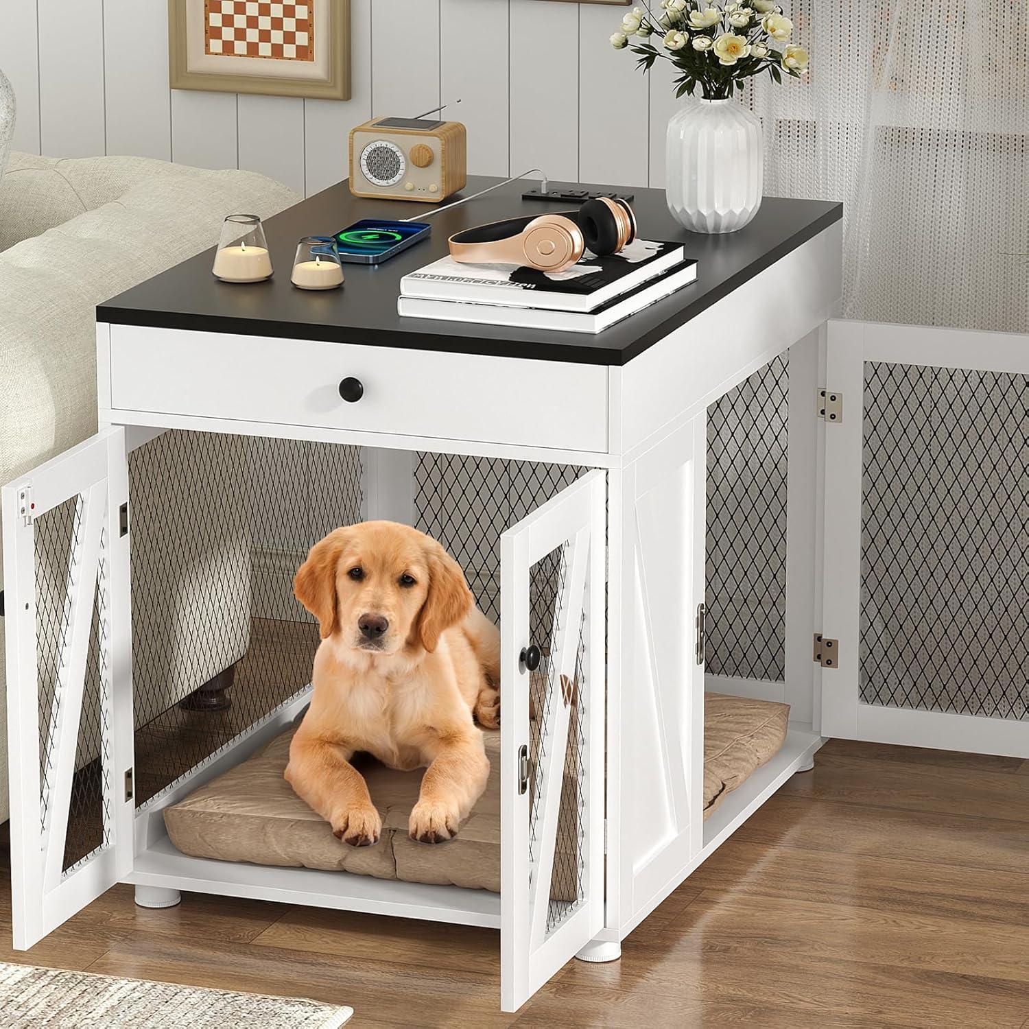 Tucker Murphy Pet™ Dog Crate Furniture, Wooden Dog Kennel End Table with USB Charging Station, Storage Drawer, Double Latched Door, Farmhouse Furniture-Style Crate Side Table for Dogs Under 40 lbs, Indoor Use