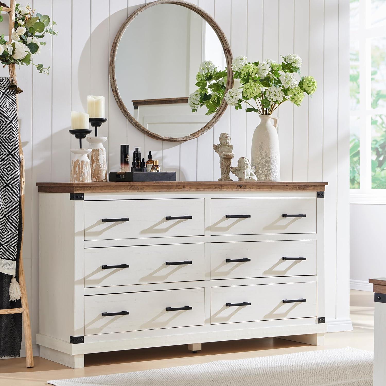 Antique White Farmhouse 6-Drawer Wood Dresser with Rustic Oak Top