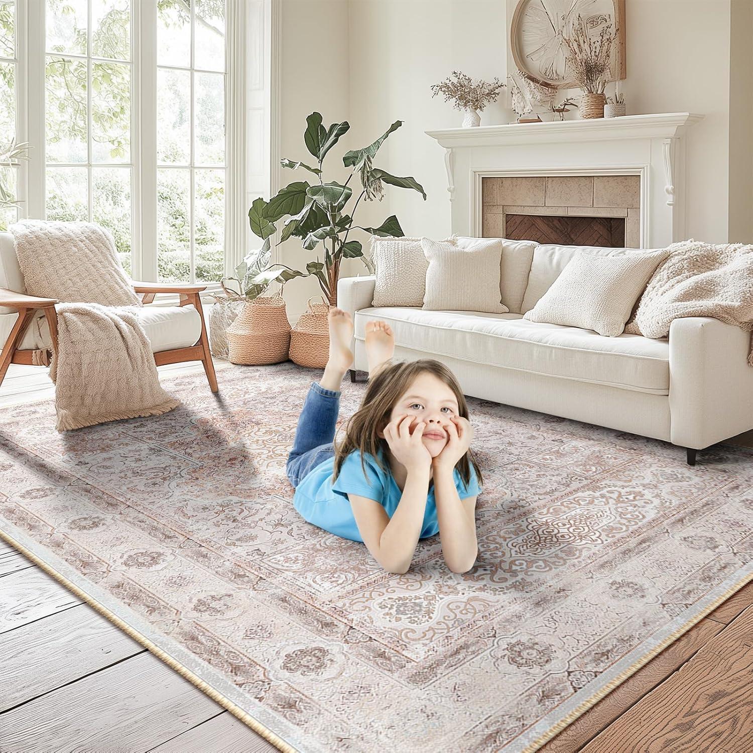 Hasoo Area Rug 5' x 7' Washable Modern Floral Rugs for Living Room Non-Slip Accent Carpet Pink