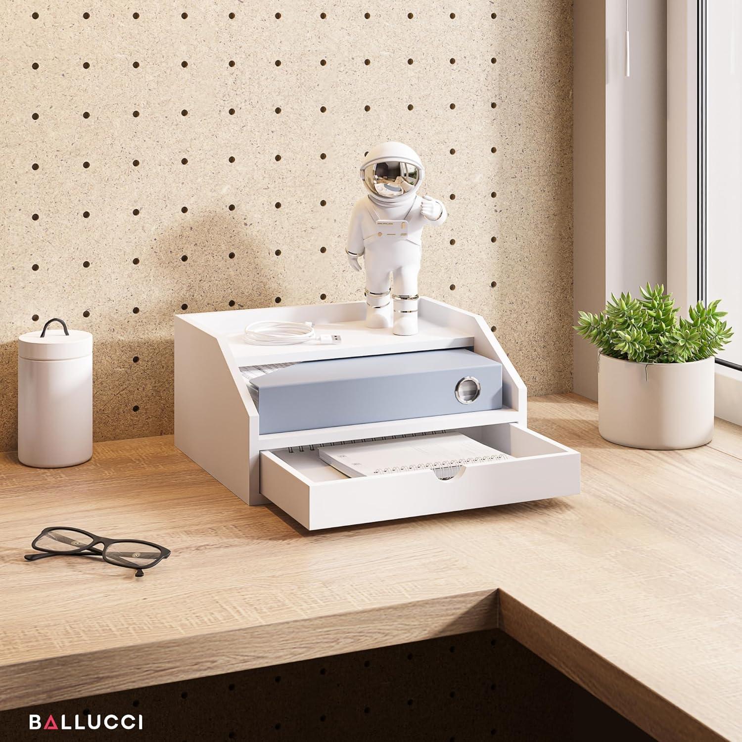 Ballucci Desk Organizer with Drawer, 2 Tier Paper Office Supplies Desk Organizer, 13 2/5" x 9 3/5" x 6", White