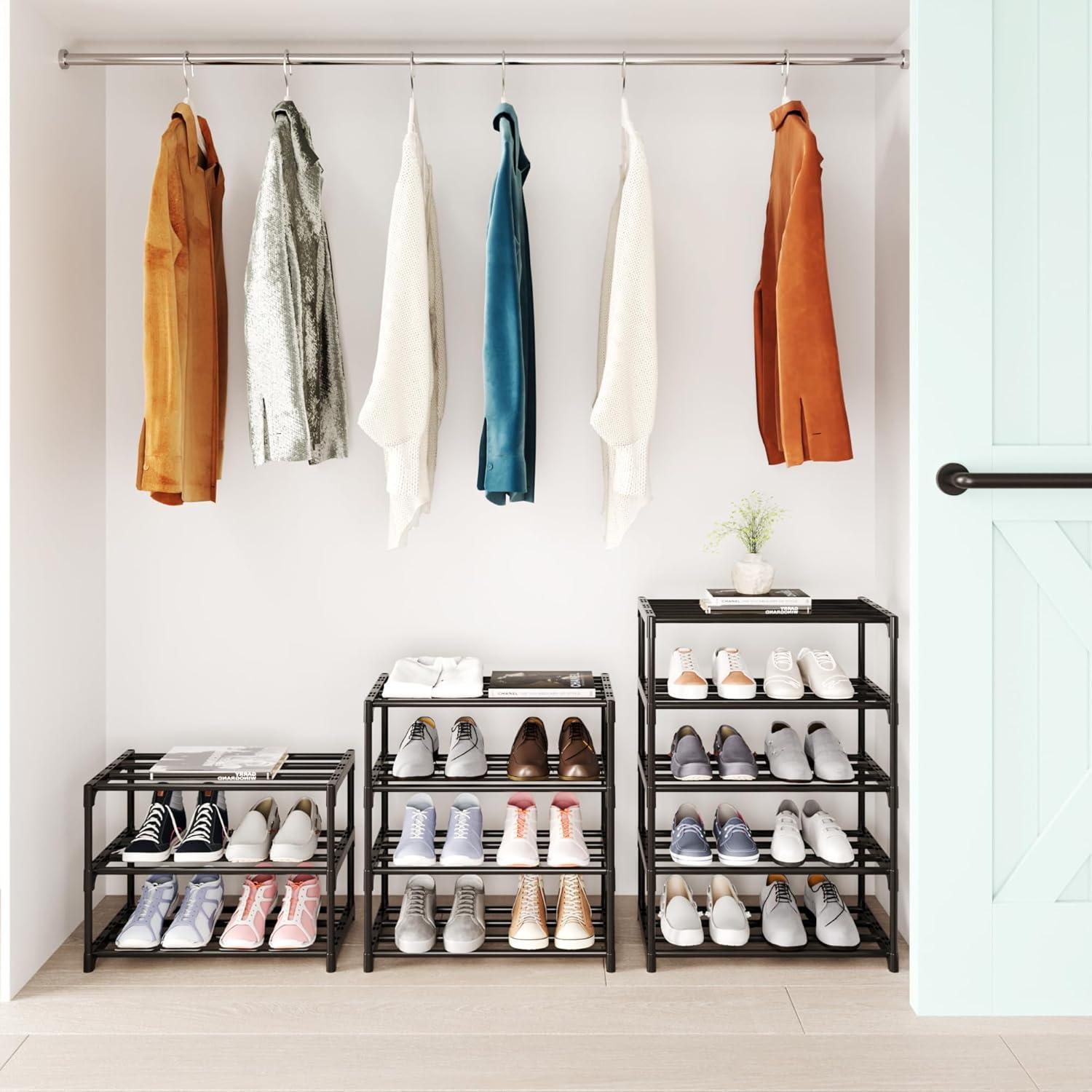 4 Tier Small Shoe Rack, Narrow Stackable Kids Toddler Adult Shoe Storage Organizer Shelf for Closet Floor Entryway Bedroom, Space Saver Shoe Rack Organization Shelves