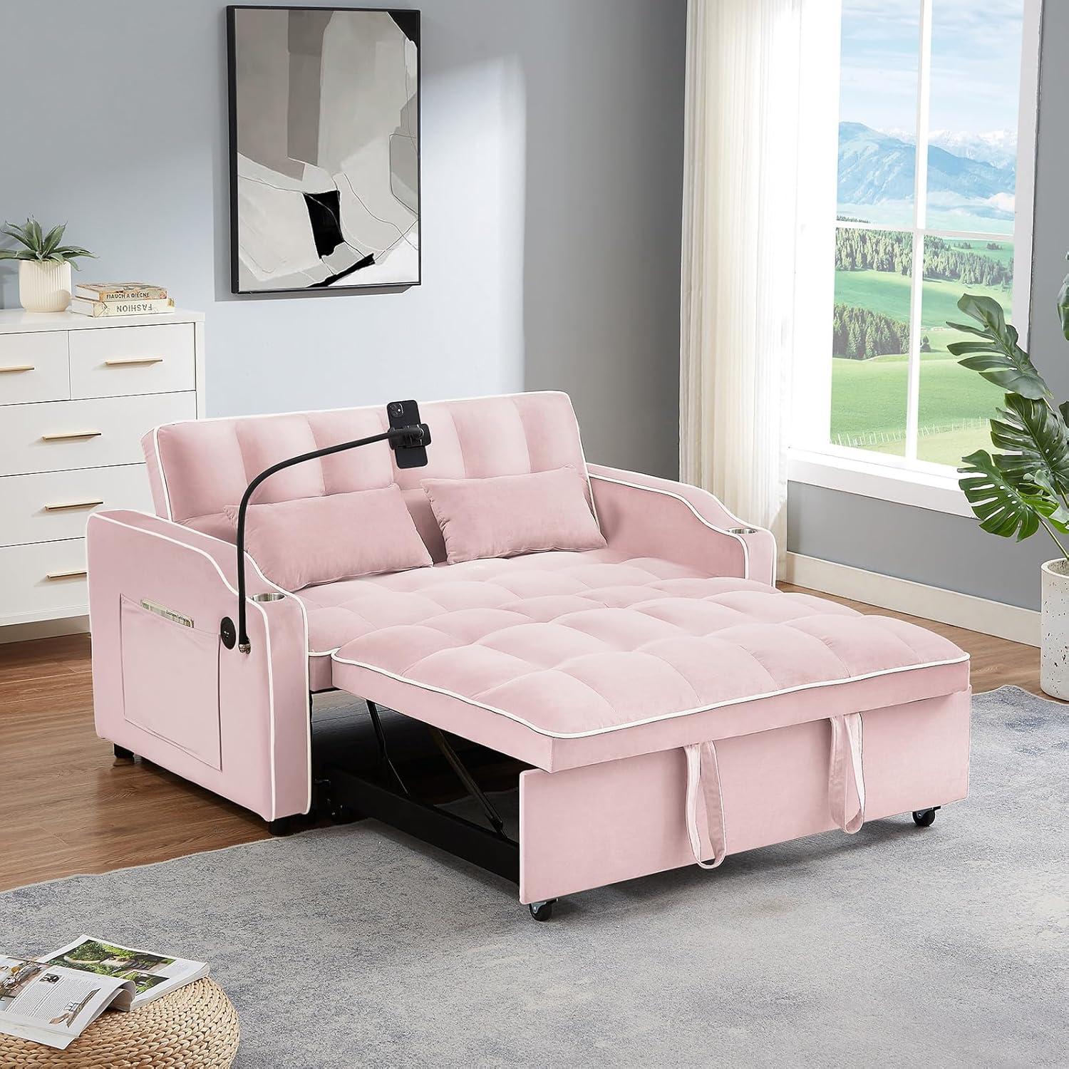 JEEOEHY 3 in 1 Convertible Sleeper Sofa Bed,Velvet Pull Out Couch Bed w USB&Type C Port,Comfy Futon Loveseat w Adjustable Backrest&Phone Stand&Cup Holder for Living Room Apartment Small Space(Pink)